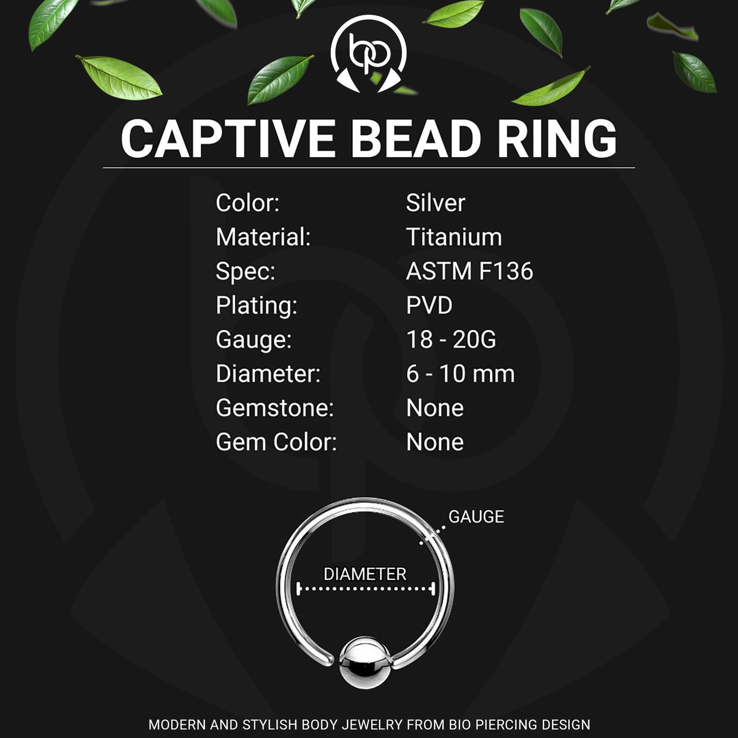 Titanium Captive Bead Ring in Classic Style with Fixed Ball