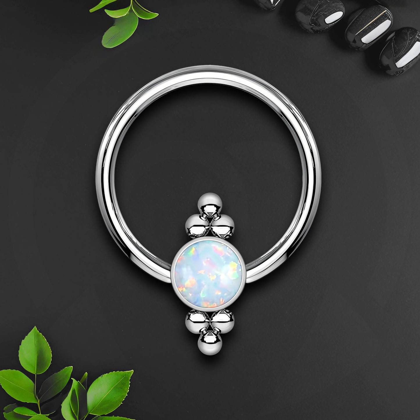 Titanium Captive Bead Ring with White Opal and Six Beads