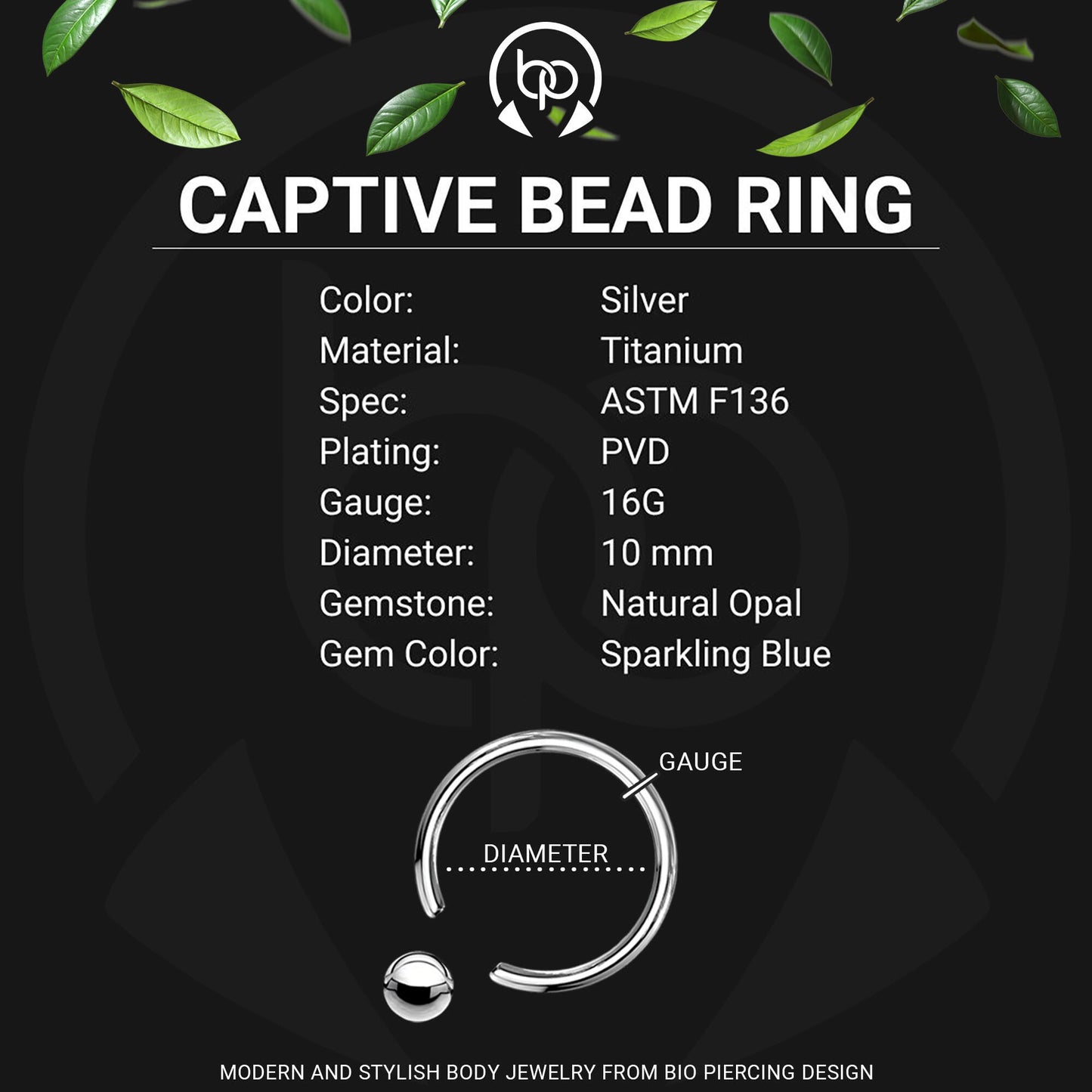 Titanium Captive Bead Ring with Four Blue Opal Set