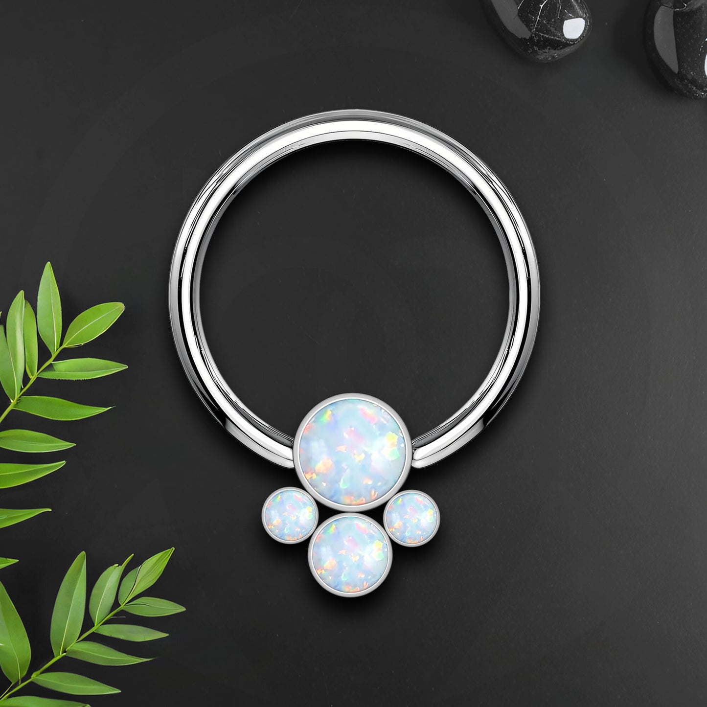 Titanium Captive Bead Ring with Four White Opal Set