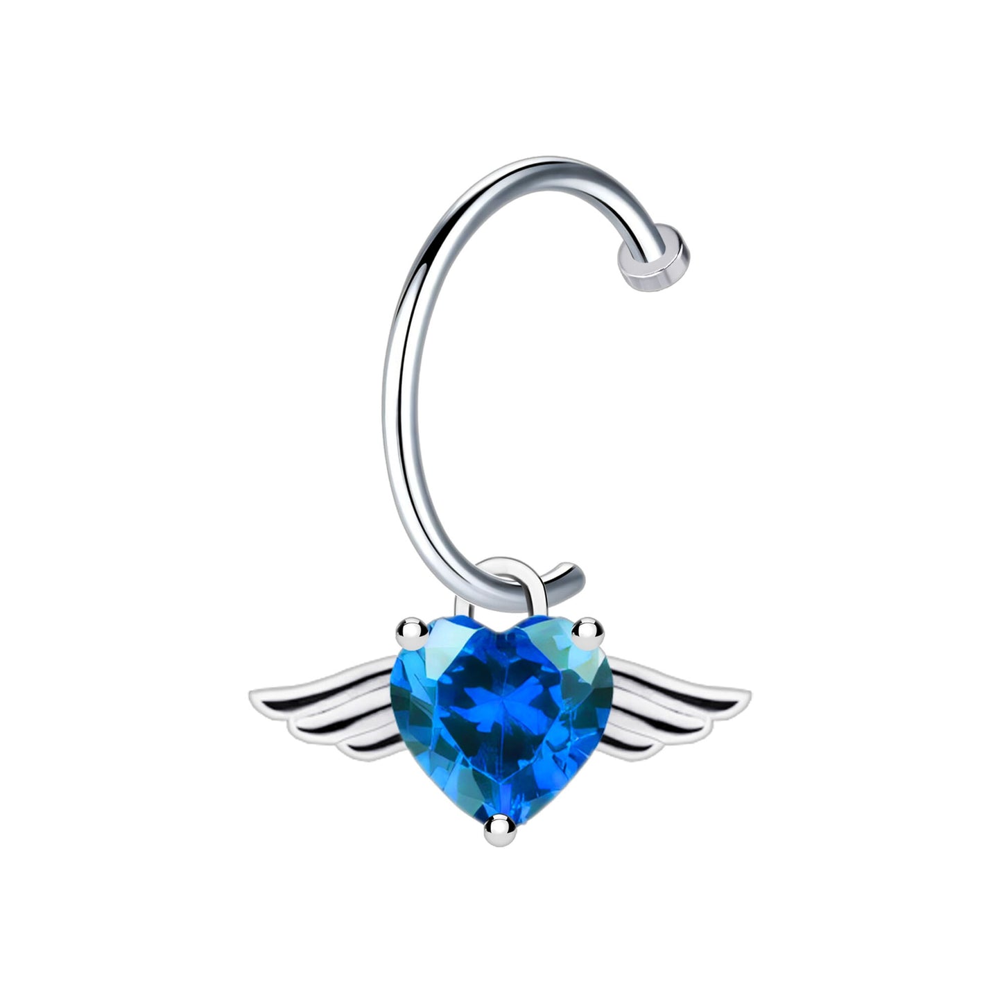 Surgical Steel Fake Lip Ring with Flying Heart and Blue CZ