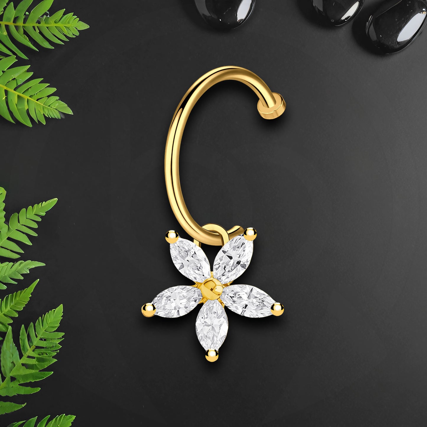 Surgical Steel Fake Lip Ring with Flower Dangle and CZ