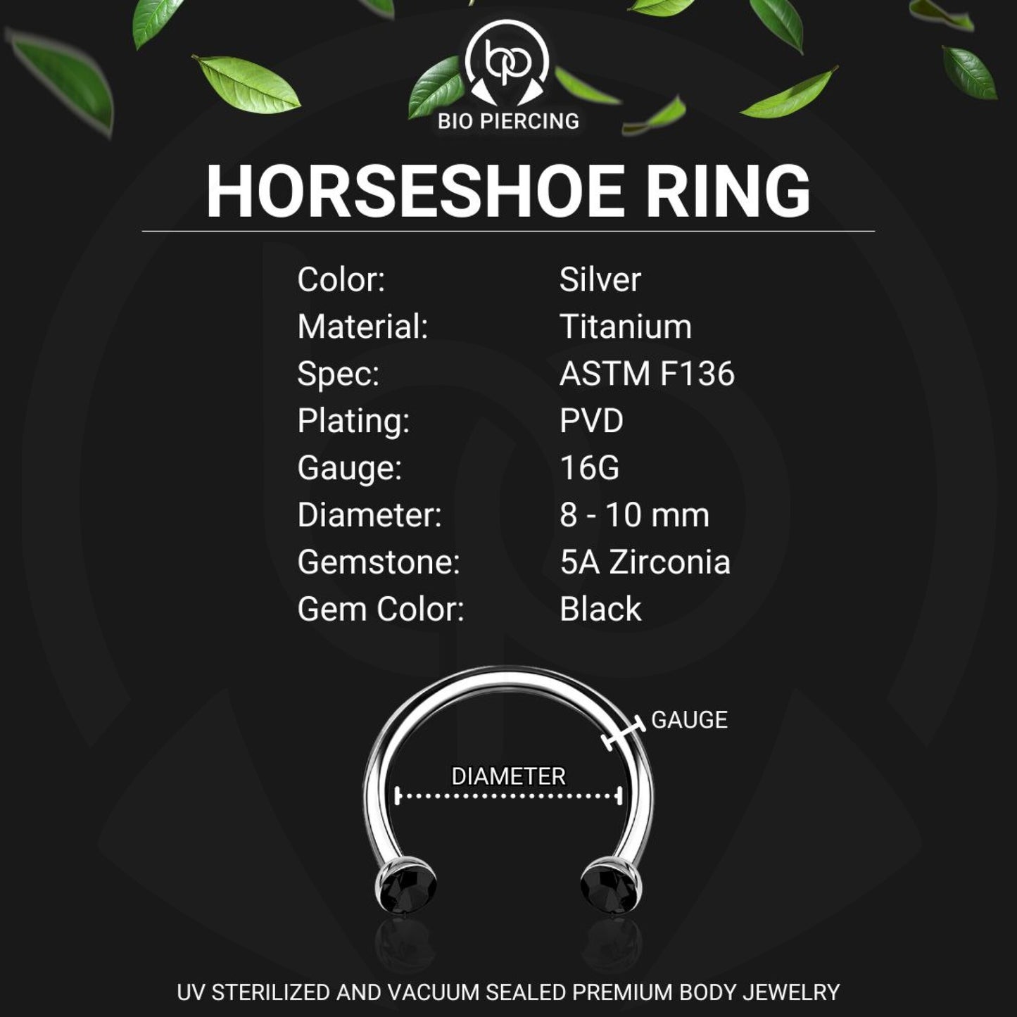 Titanium Horseshoe Ring with Black Crystals