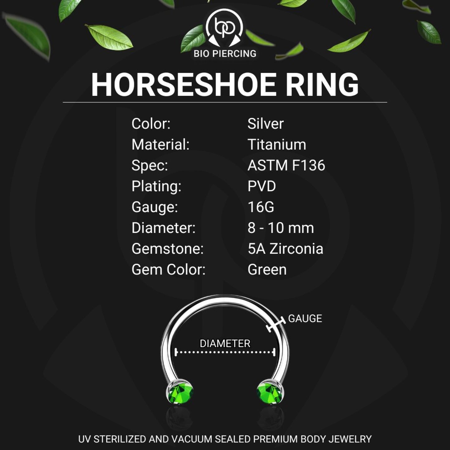 Titanium Horseshoe Ring with Green Crystals