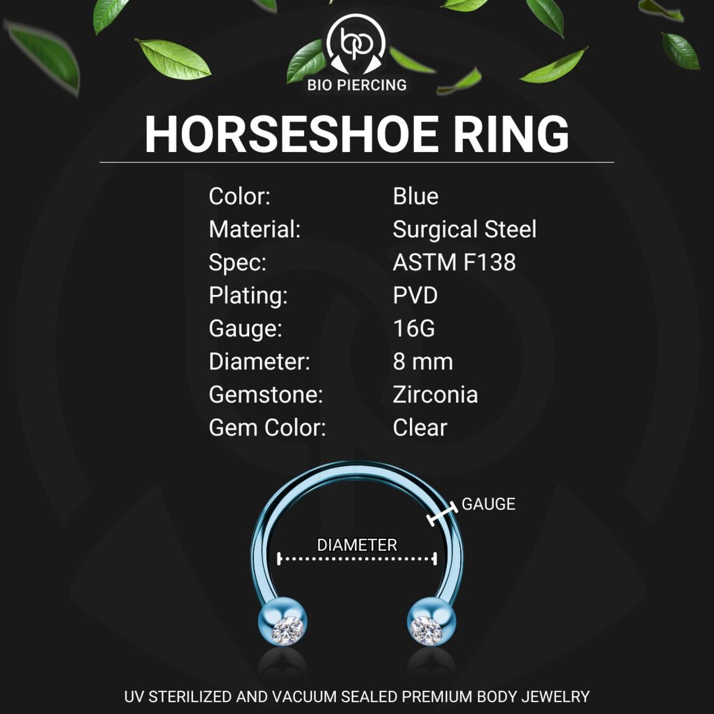 Surgical Steel Horseshoe Ring in Blue with Clear CZ