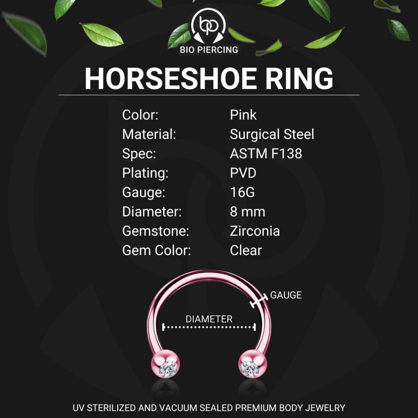 Surgical Steel Horseshoe Ring in Pink with Clear CZ