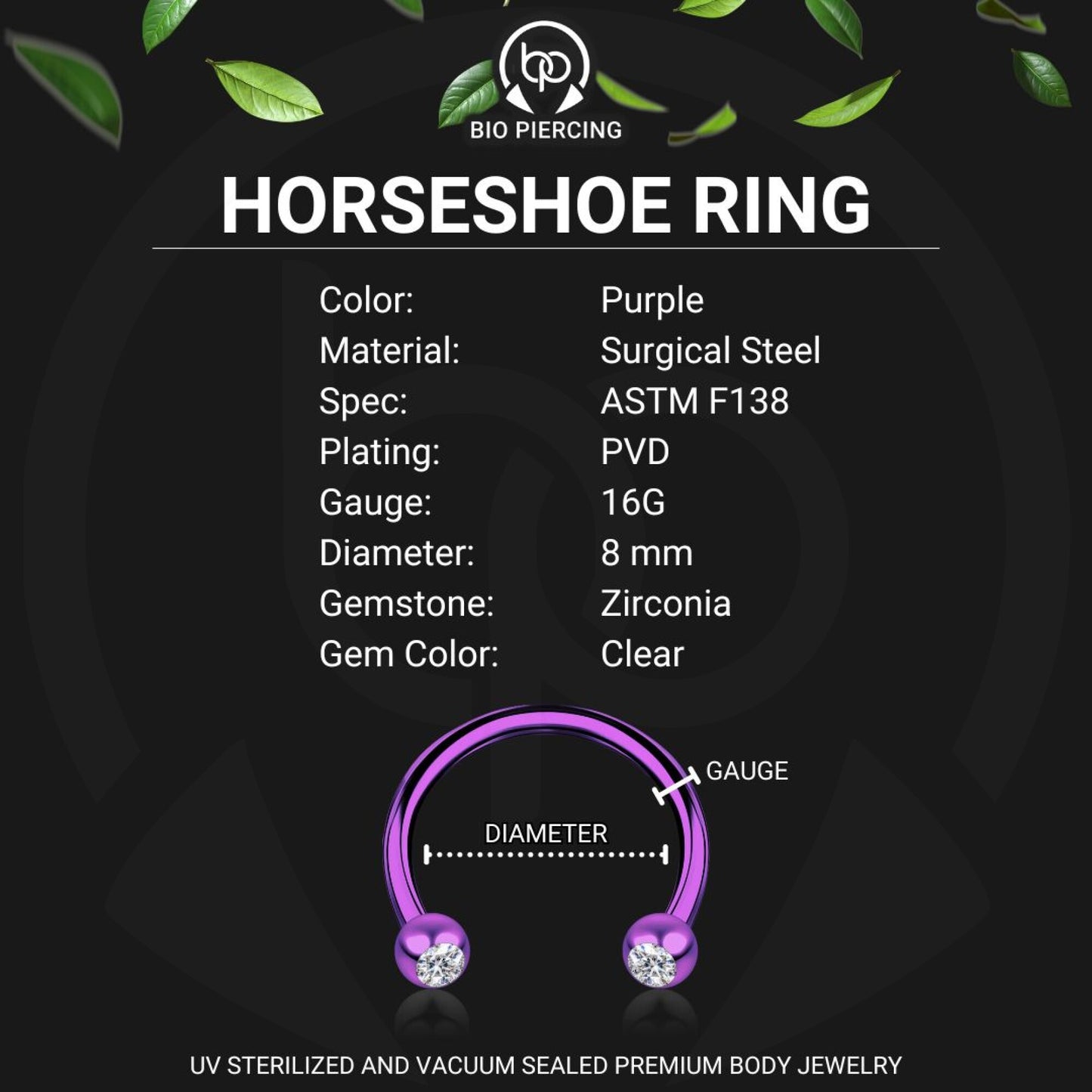 Surgical Steel Horseshoe Ring in Purple with Clear CZ