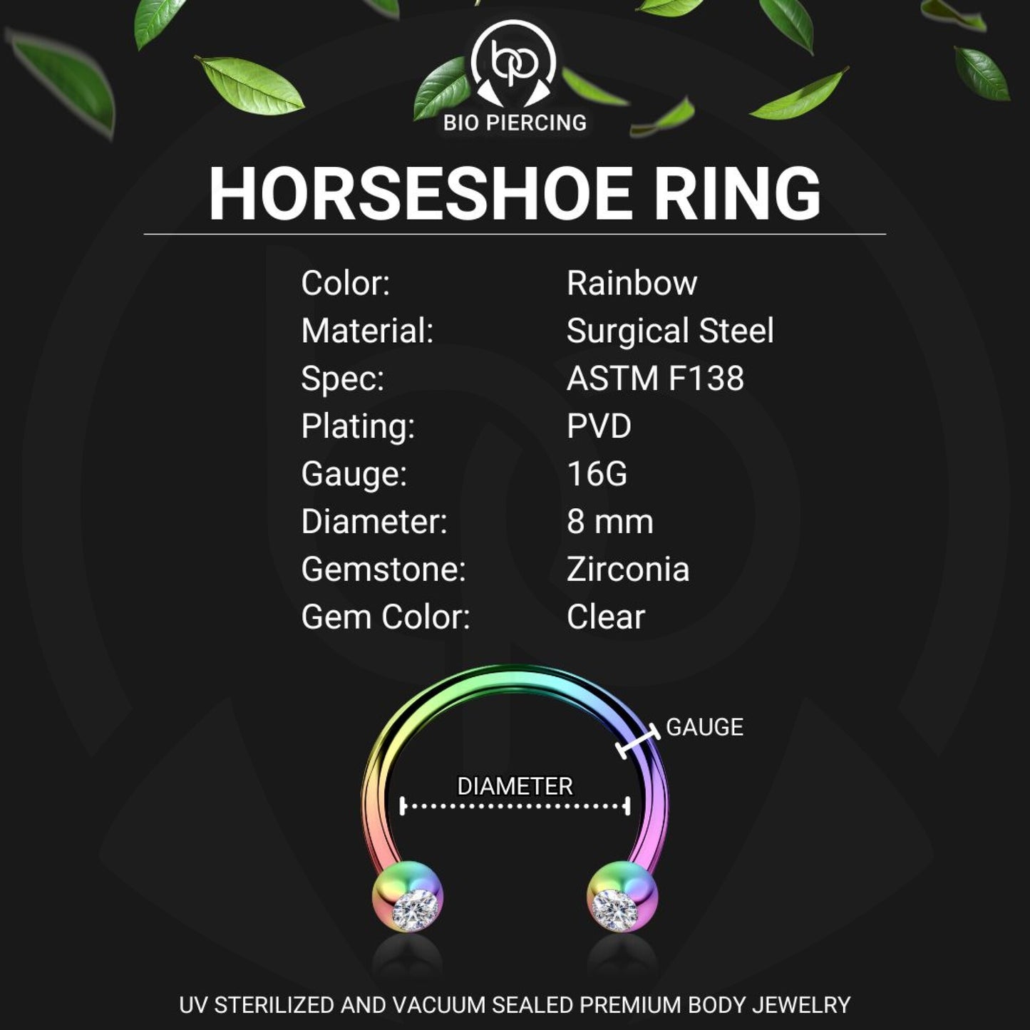 Surgical Steel Horseshoe Ring in Rainbow with Clear CZ