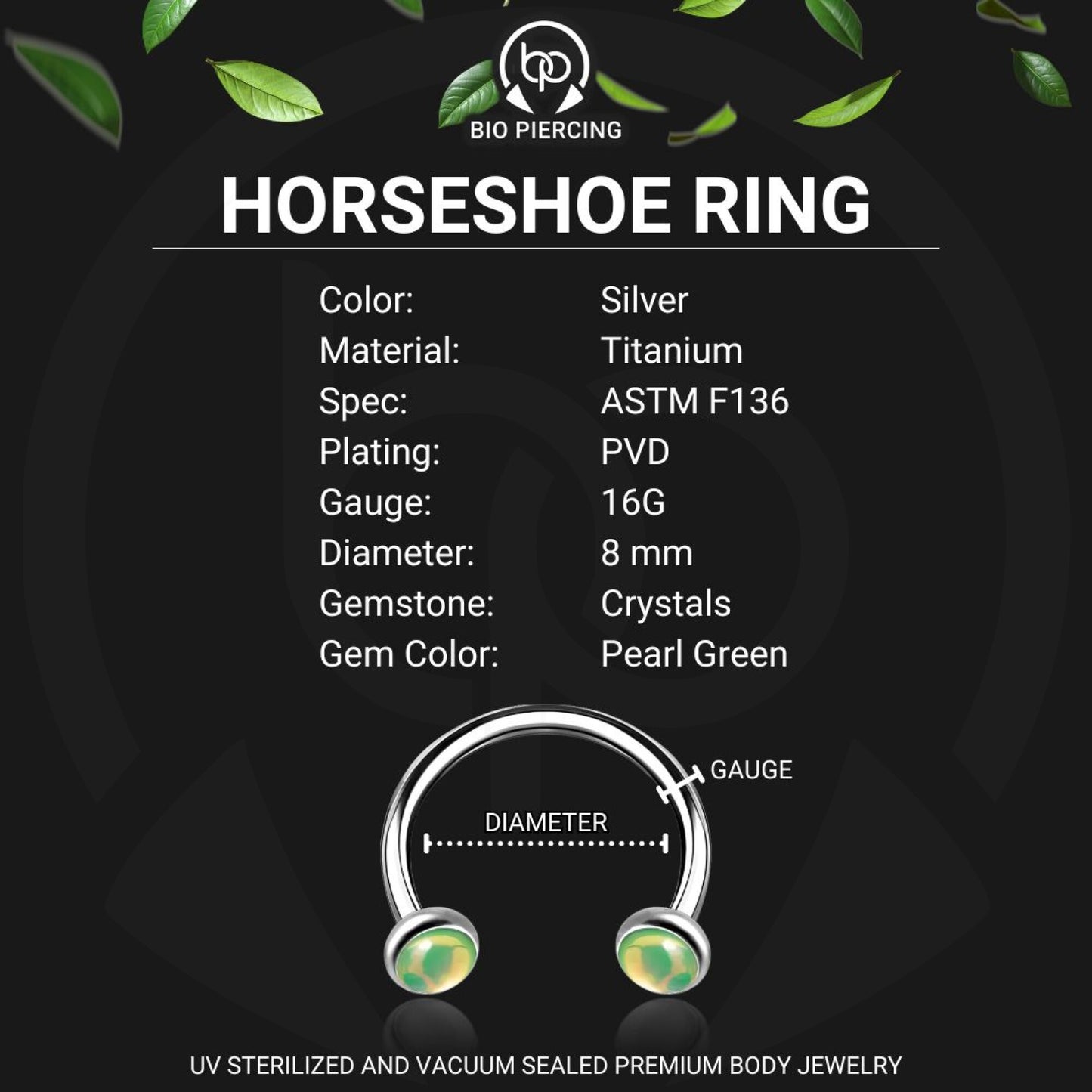 Titanium Horseshoe Ring with Green Glow Gemstone
