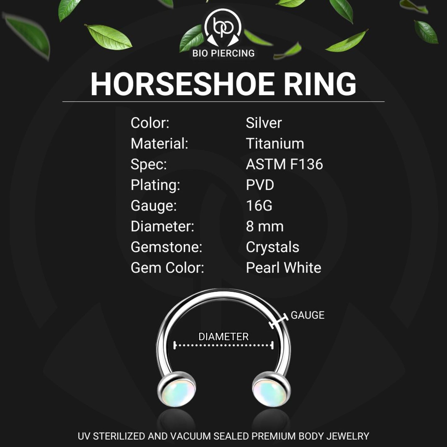 Titanium Horseshoe Ring with White Glow Gemstone