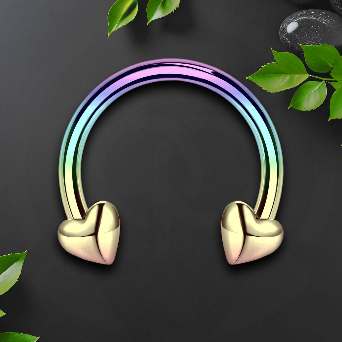 Surgical Steel Horseshoe Ring with Rainbow Hearts