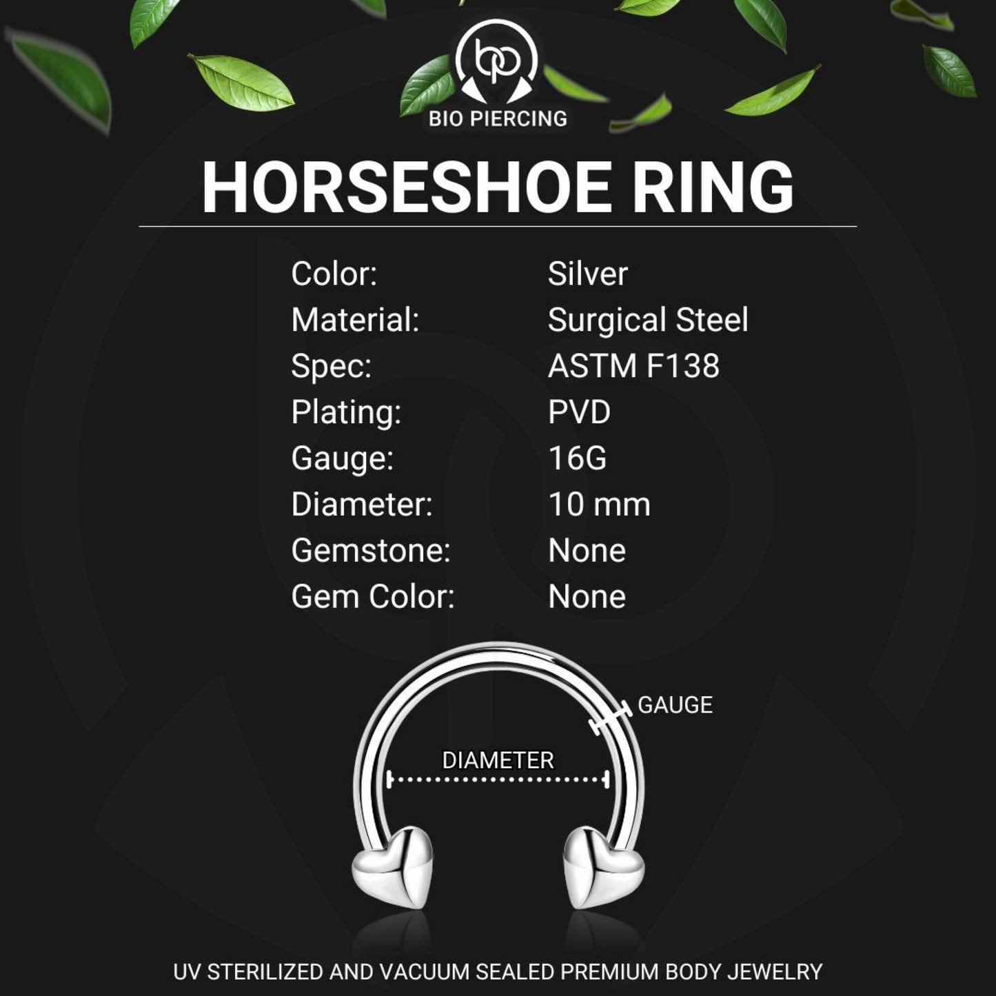 Surgical Steel Horseshoe Ring with Silver Hearts