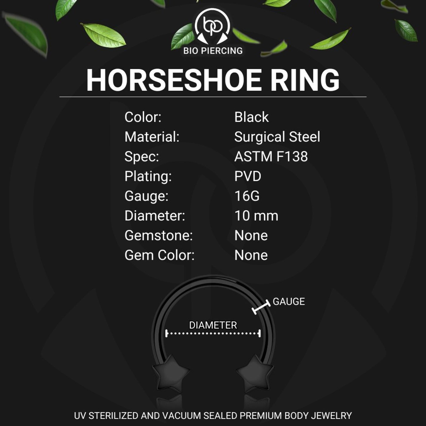 Surgical Steel Horseshoe Ring with Black Stars
