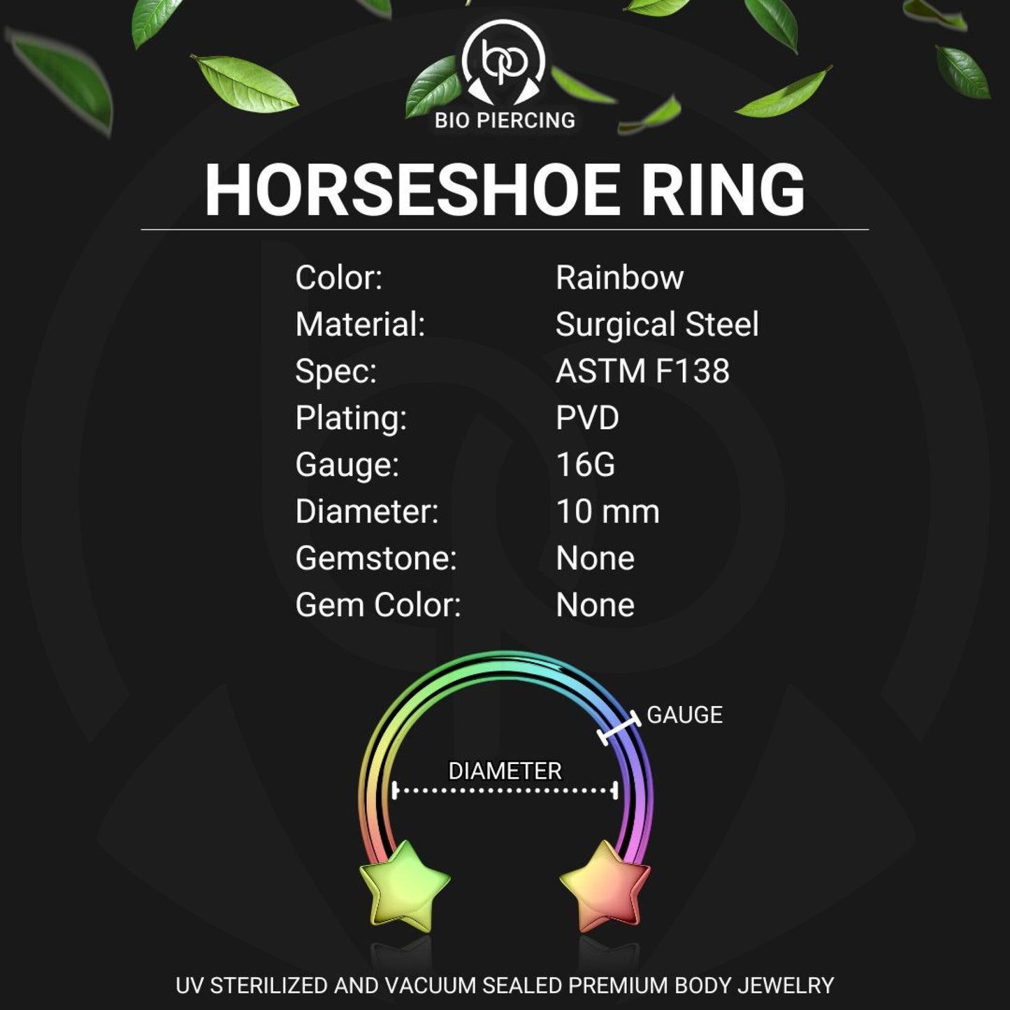 Surgical Steel Horseshoe Ring with Rainbow Stars