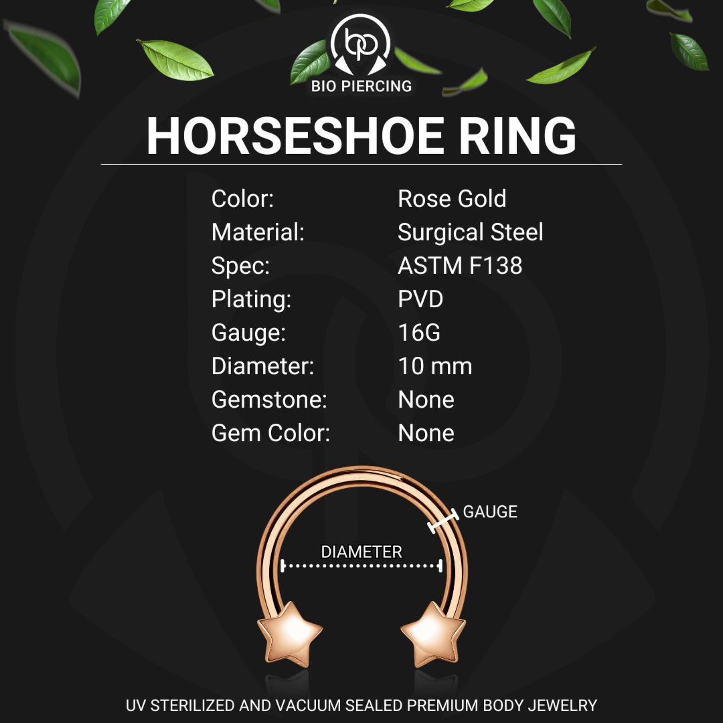 Surgical Steel Horseshoe Ring with Rose Gold Stars