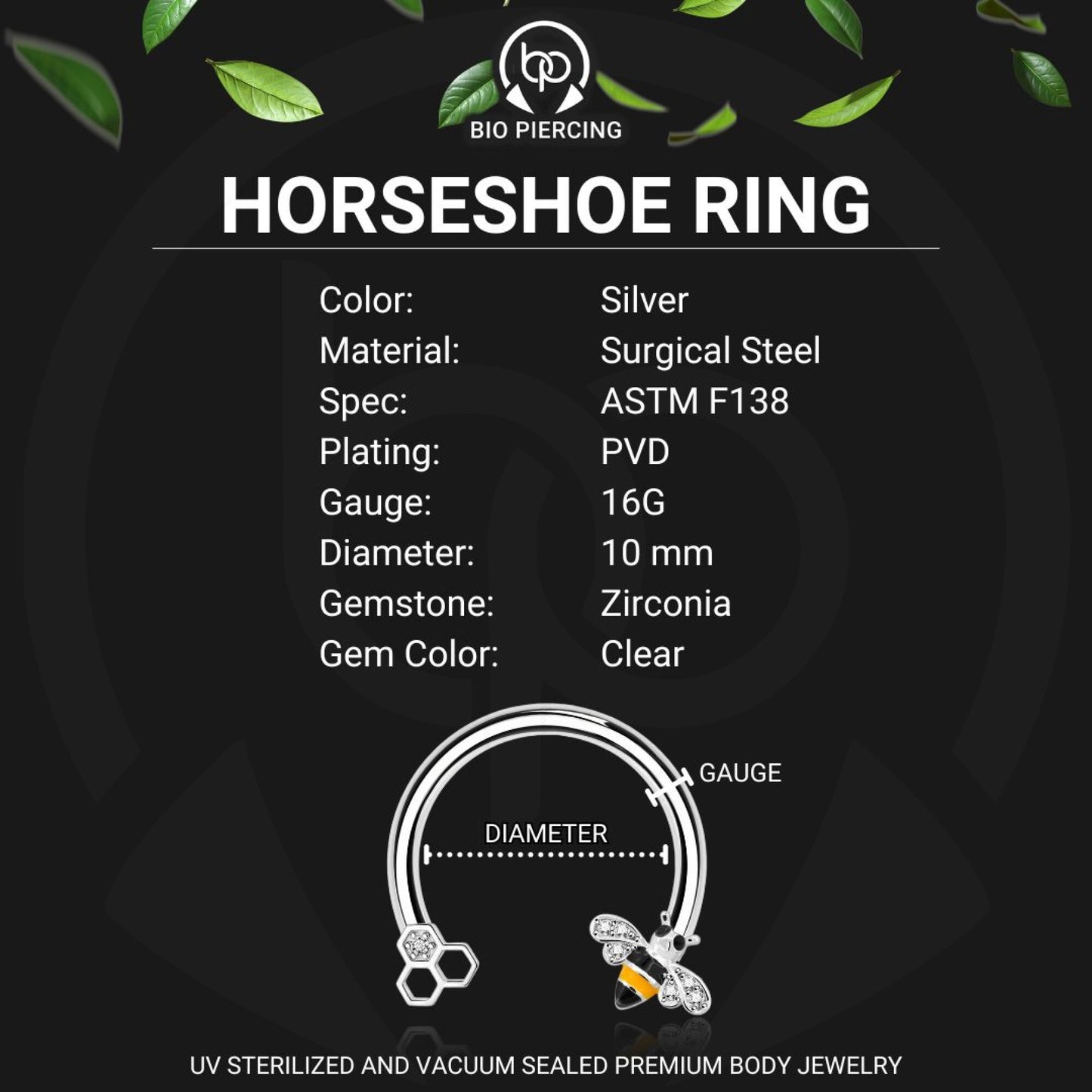 Surgical Steel Horseshoe Ring with Cute Bee