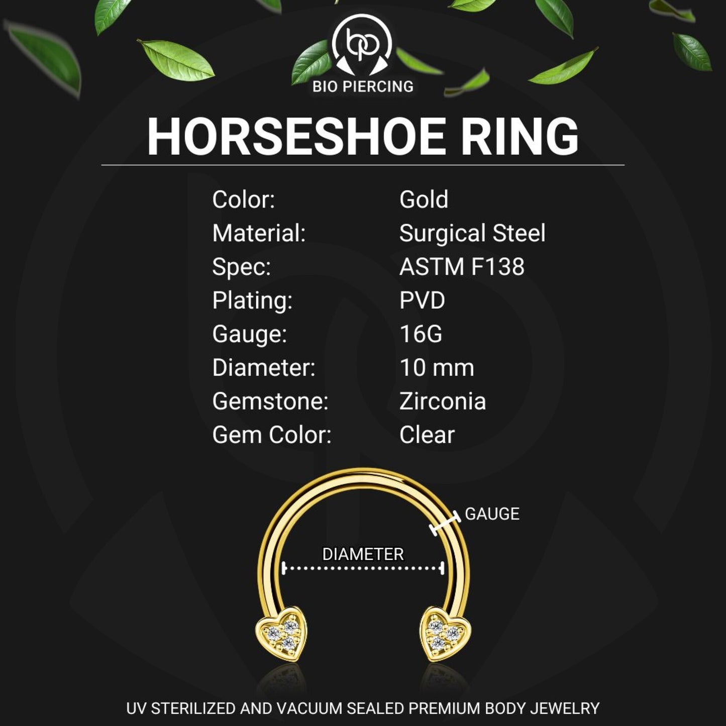 Surgical Steel Horseshoe Ring with Crystal Hearts