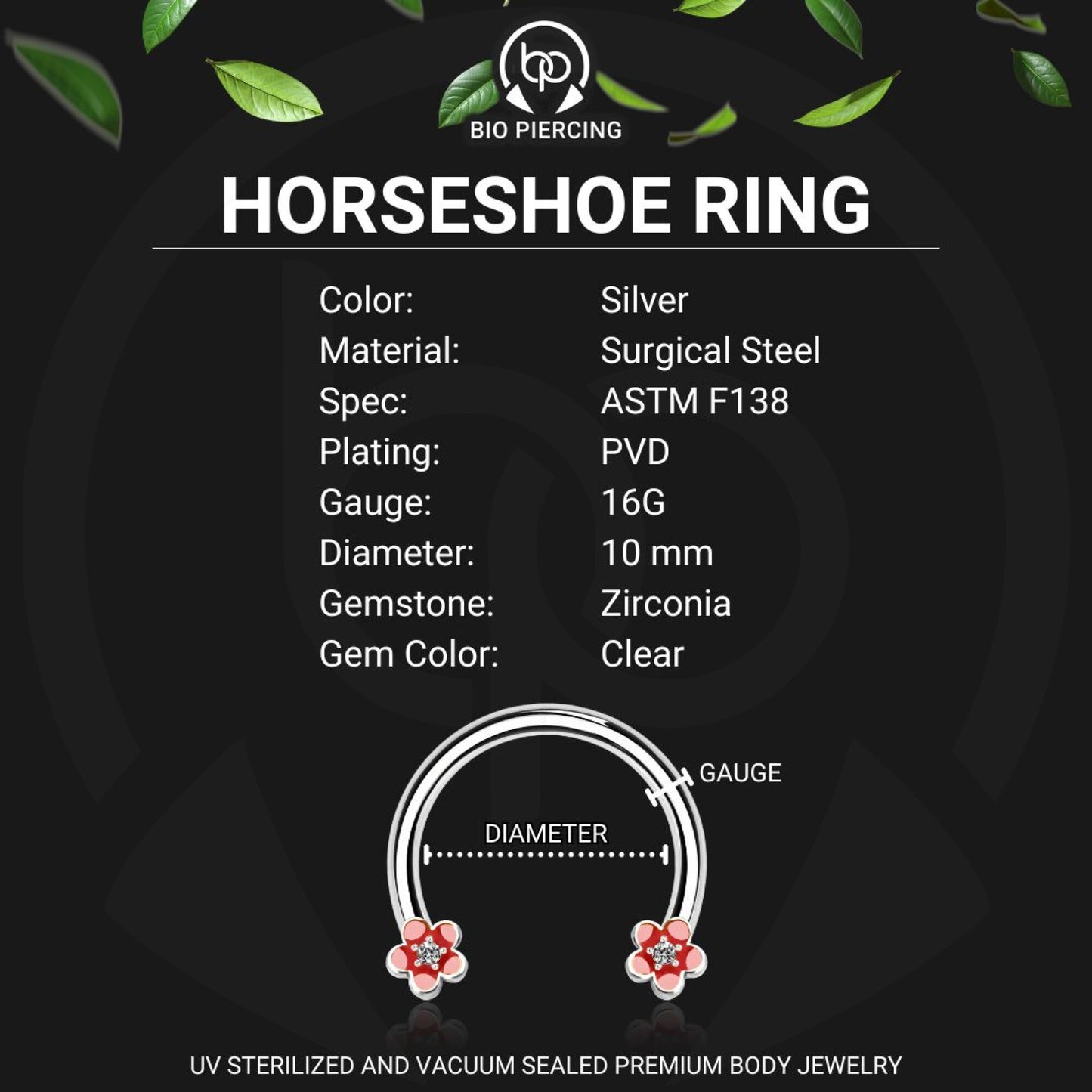 Surgical Steel Horseshoe Ring with Red Flowers