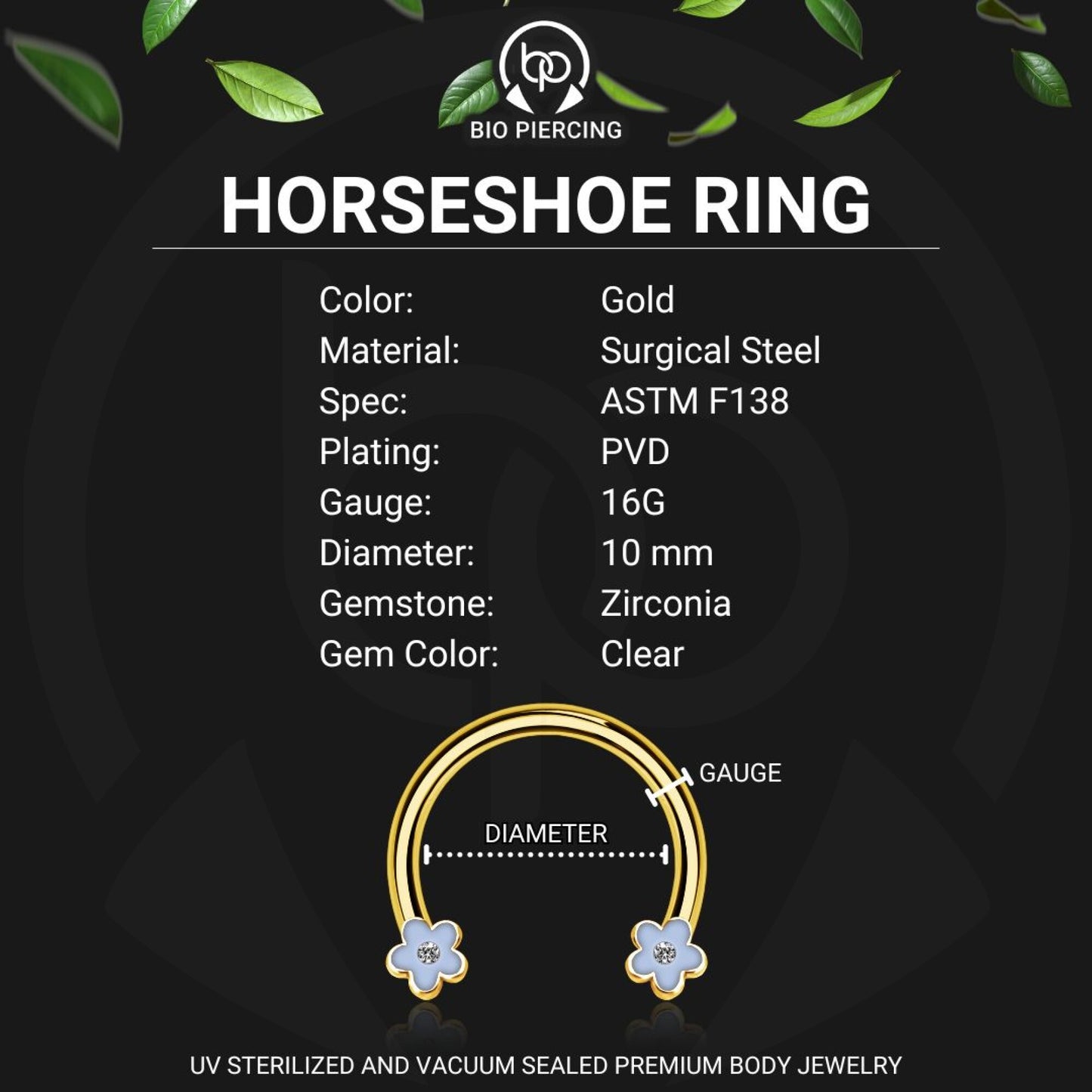 Surgical Steel Horseshoe Ring with Blue Flowers