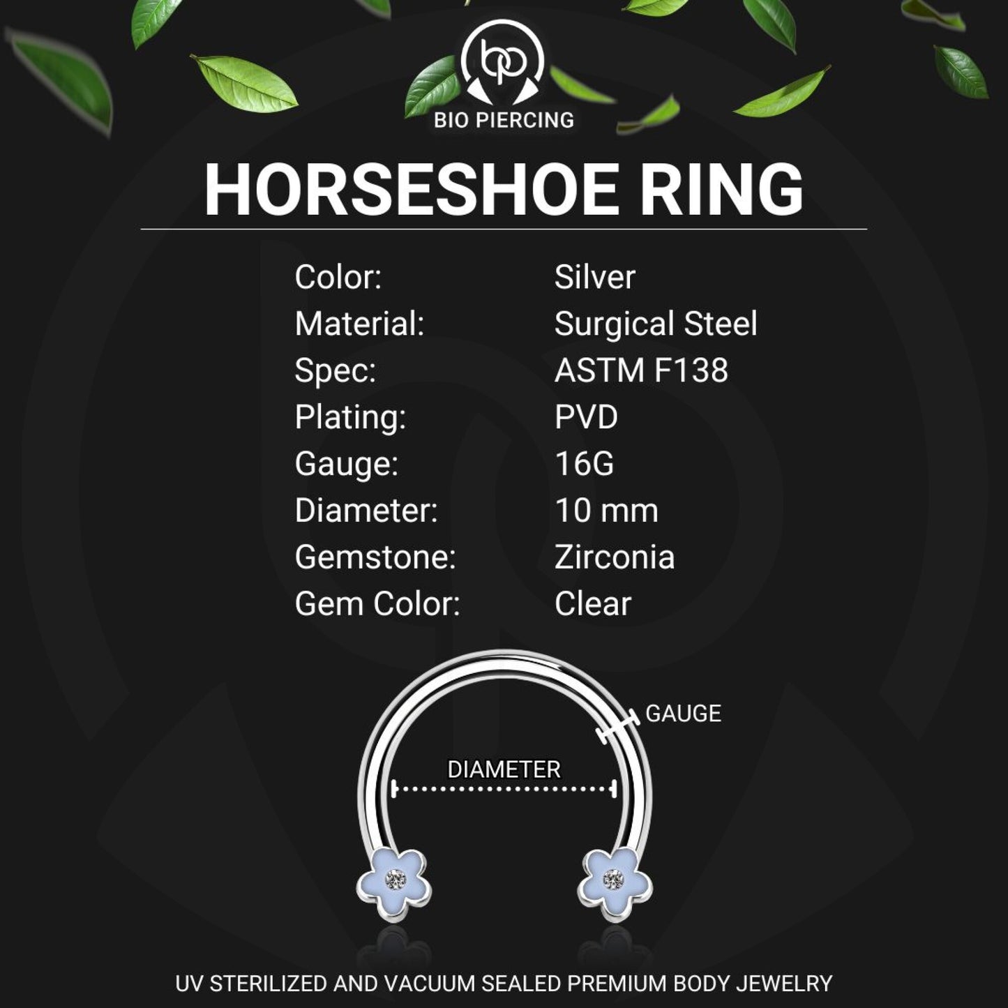 Surgical Steel Horseshoe Ring with Blue Flowers