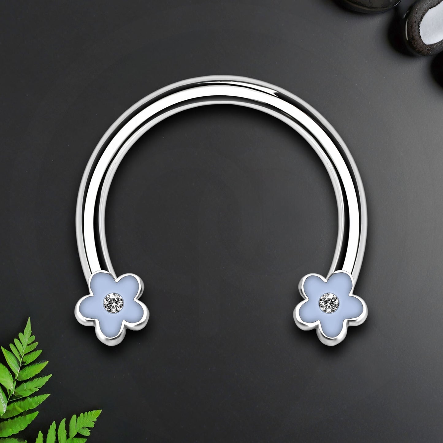 Surgical Steel Horseshoe Ring with Blue Flowers