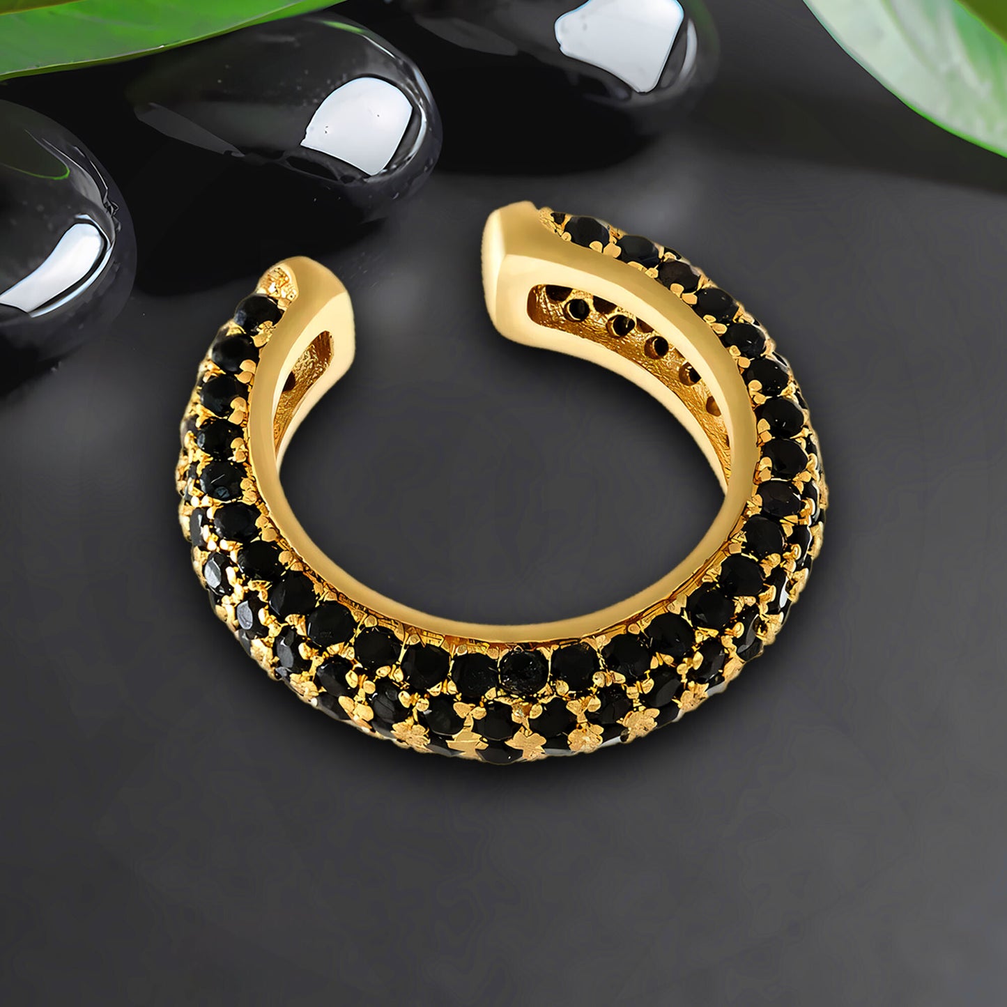 Gold Plated Ear Cuff in Thick Style with Black CZ