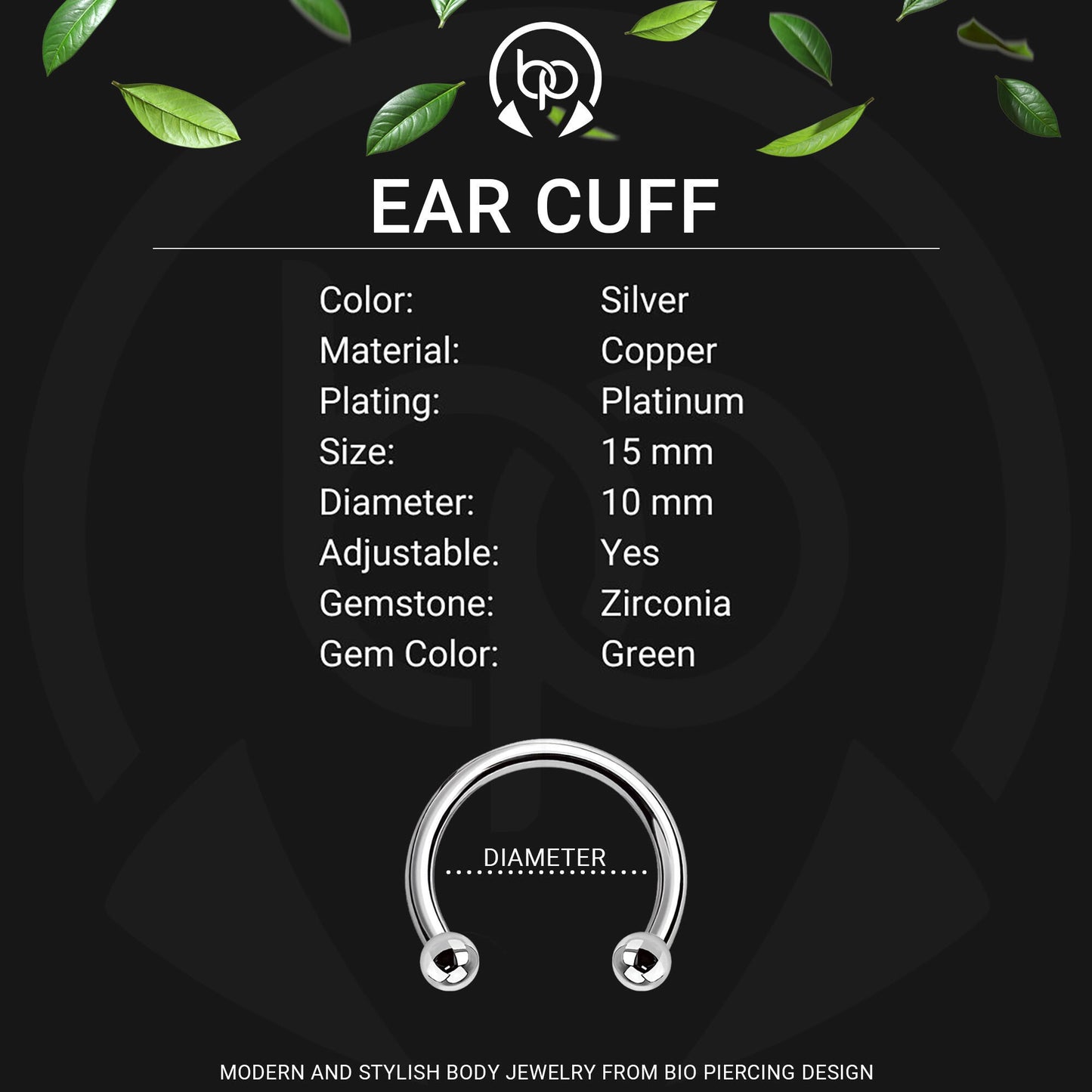 Platinum Plated Ear Cuff in Thick Style with Green CZ