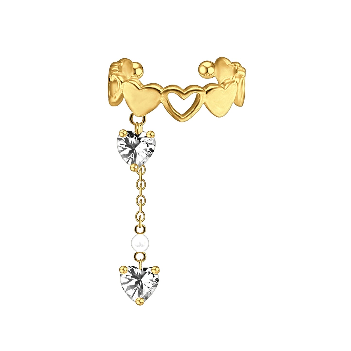 Gold Plated Ear Cuff with Crystal Hearts and Chain