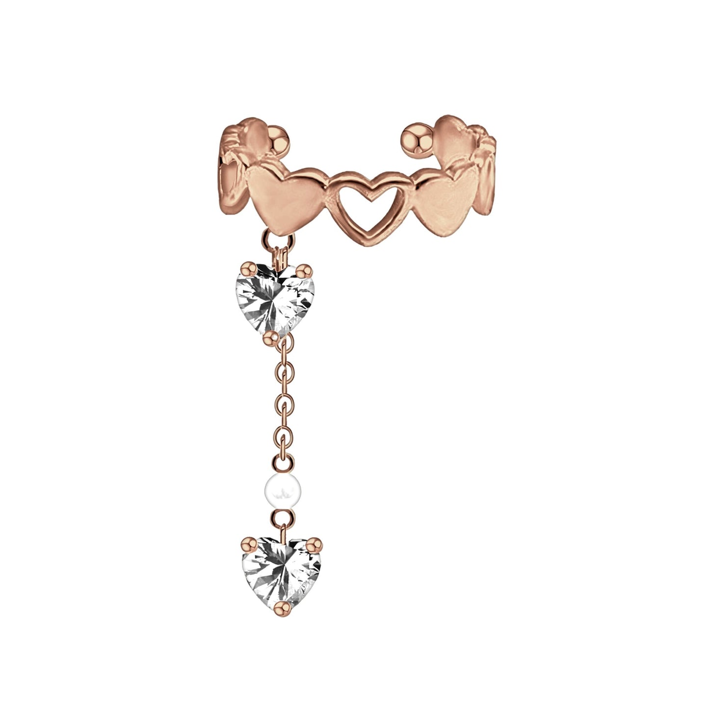 Rose Gold Plated Ear with Crystal Hearts and Chain
