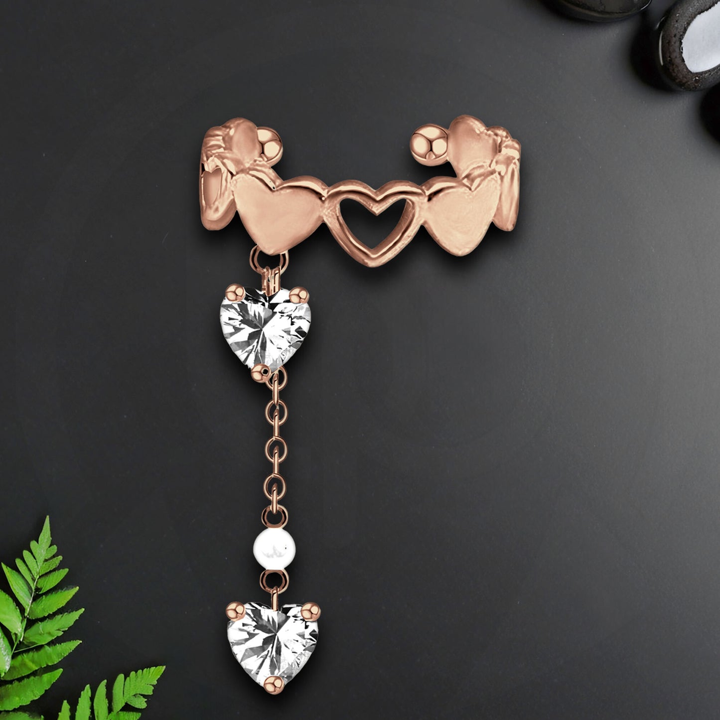 Rose Gold Plated Ear with Crystal Hearts and Chain
