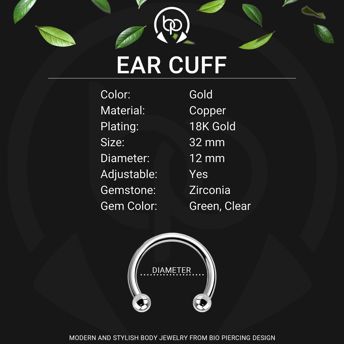 Gold Plated Ear Cuff Ear Crawler with Green CZ