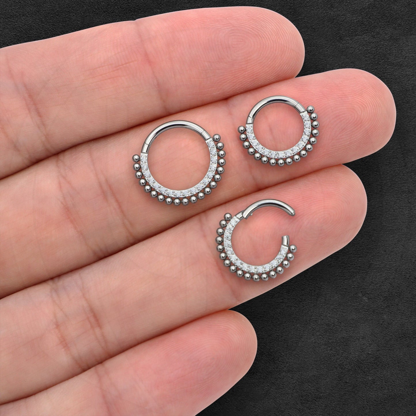 Titanium Clicker Ring with Beads and Crystals