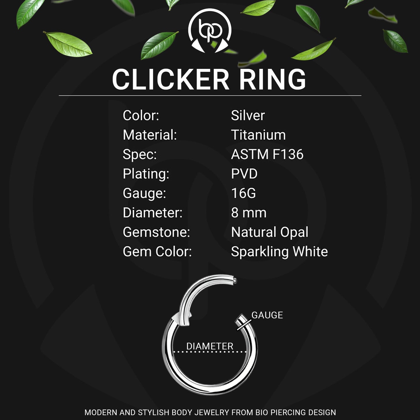 Titanium Clicker Ring with White Opal Bezel Set