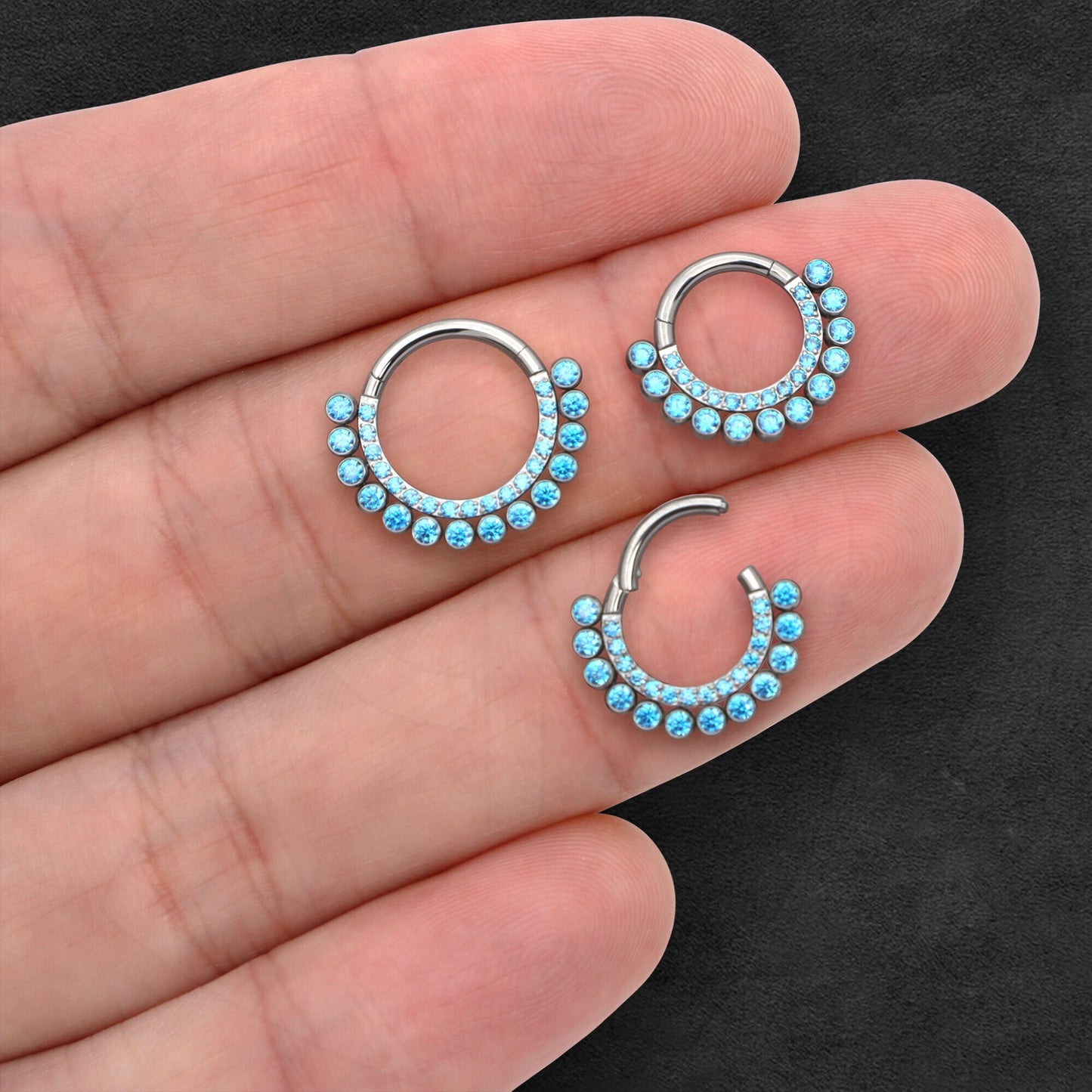 Titanium Clicker Ring with Double Raw Aqua Zirconias