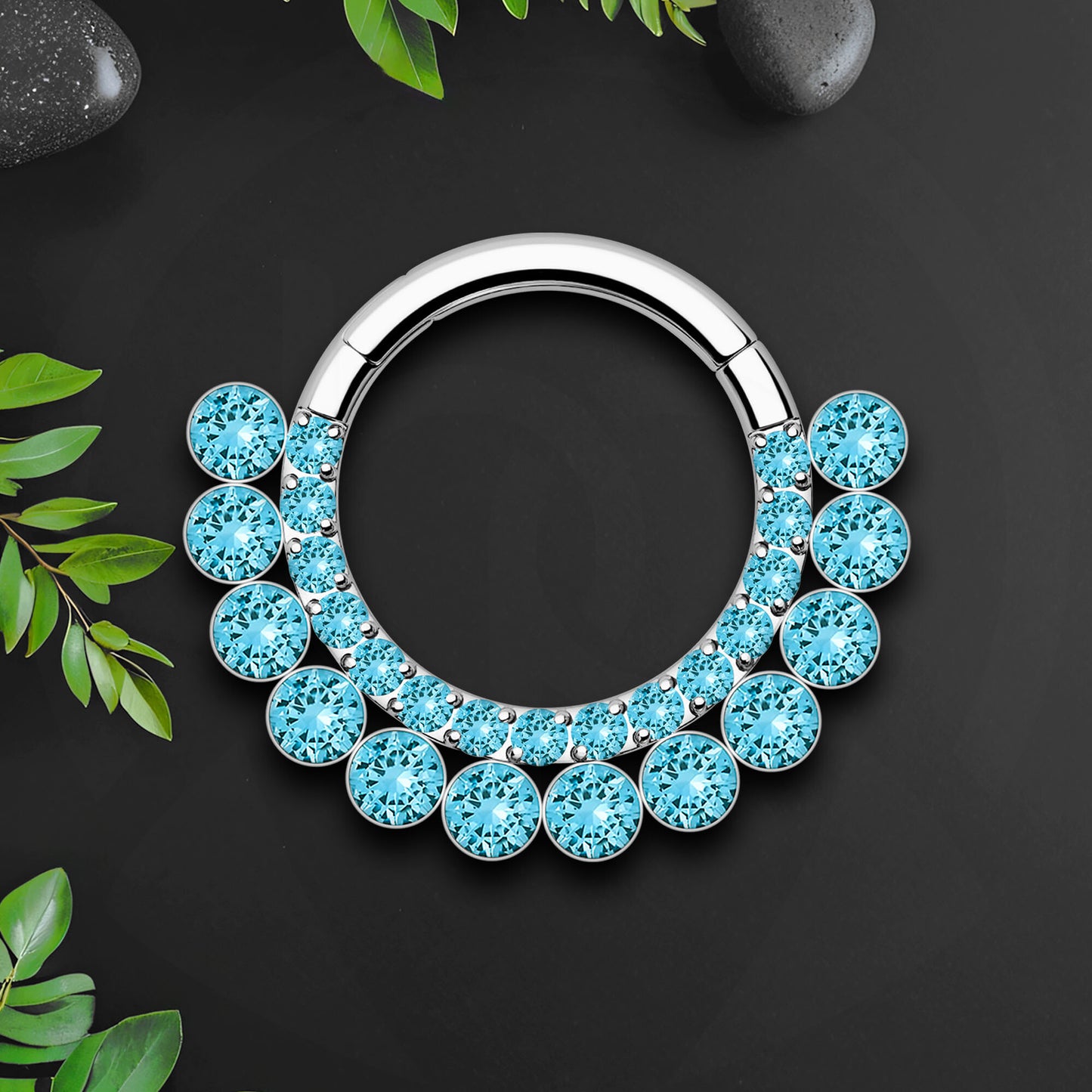 Titanium Clicker Ring with Double Raw Aqua Zirconias