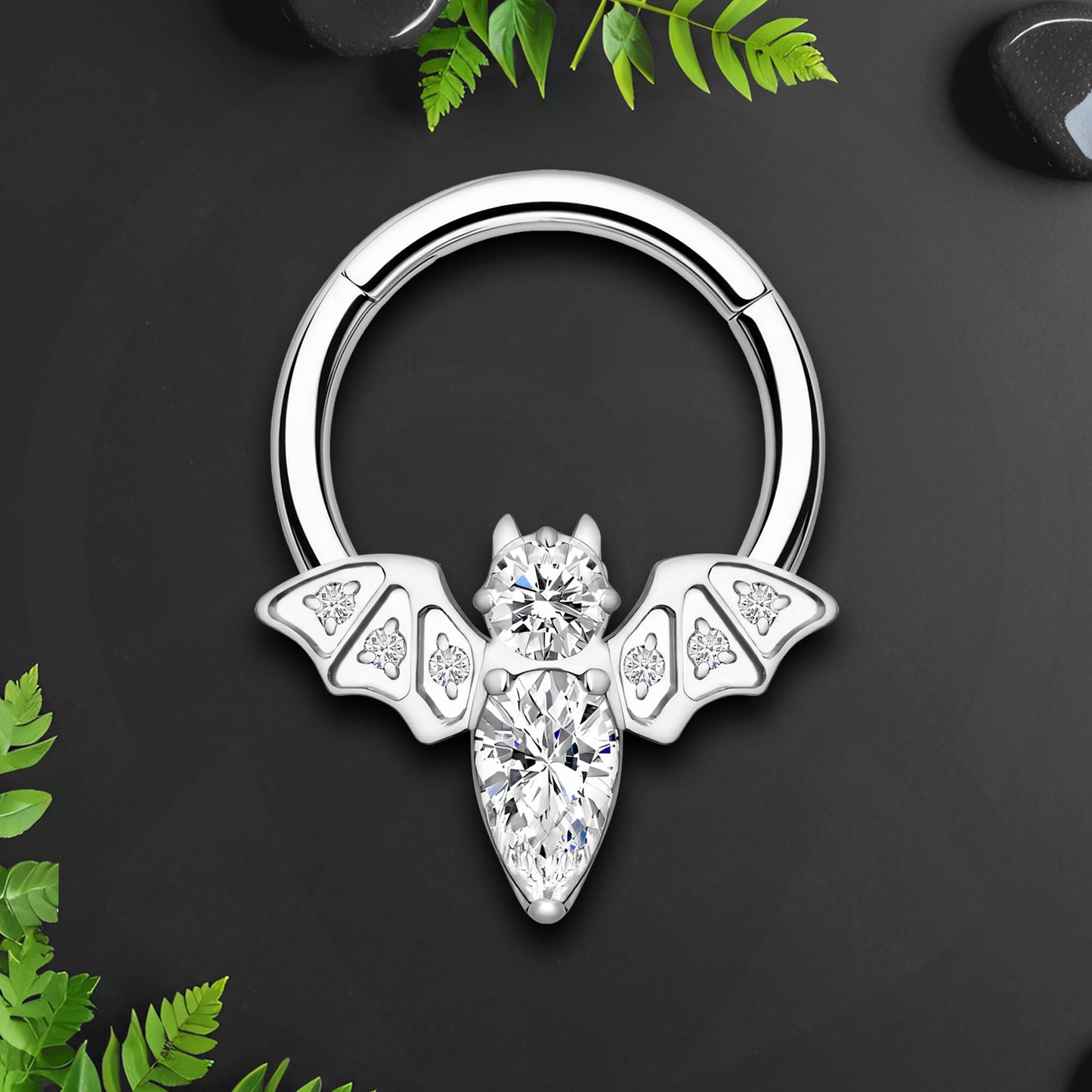 Titanium Clicker Ring with Bat Figure and Zirconia