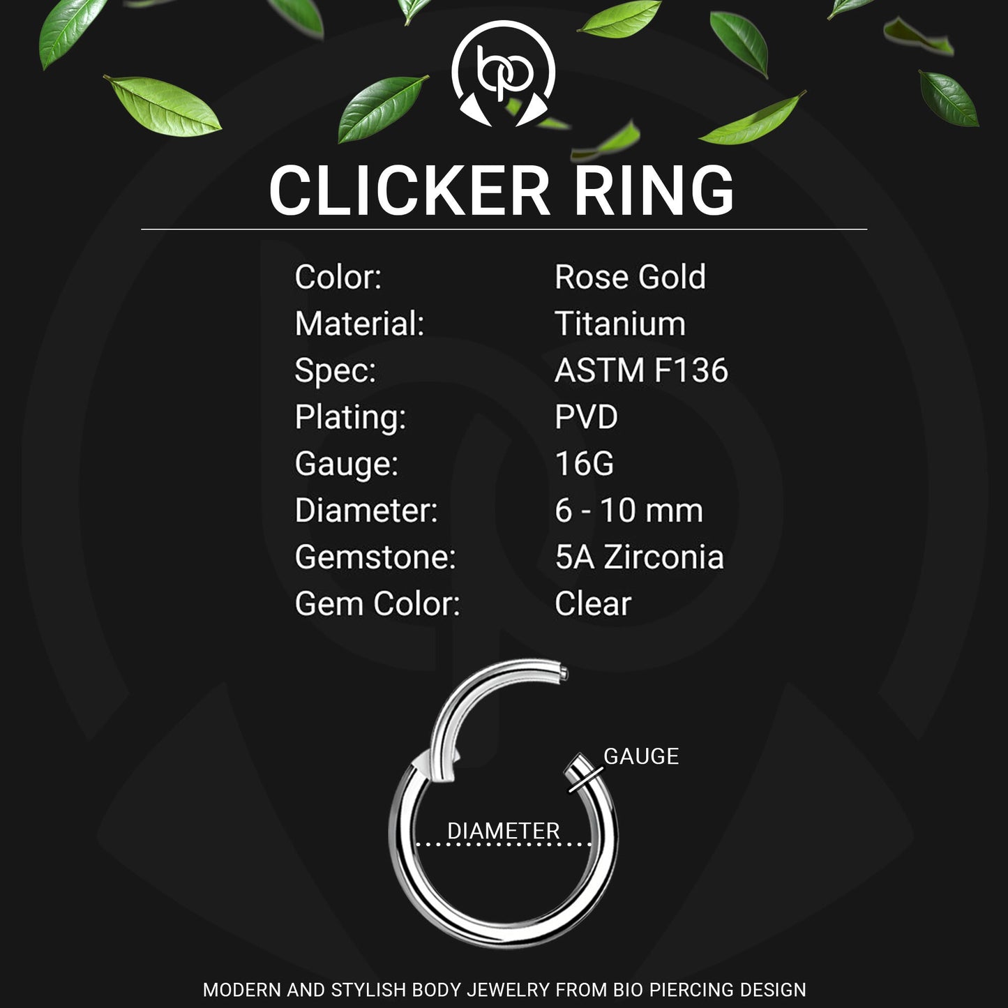Titanium Clicker Ring in Classic Style with Clear CZ