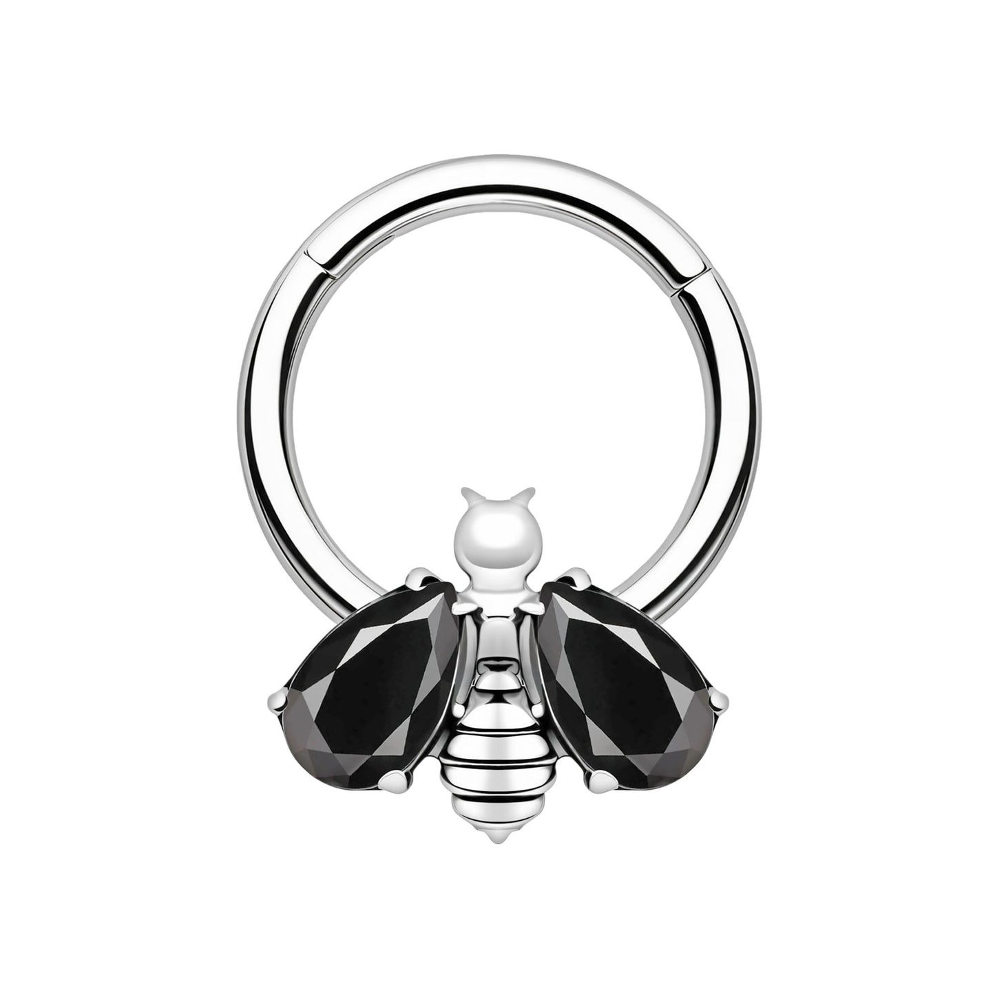 Titanium Clicker Ring with Bee Figure and Black Zirconia