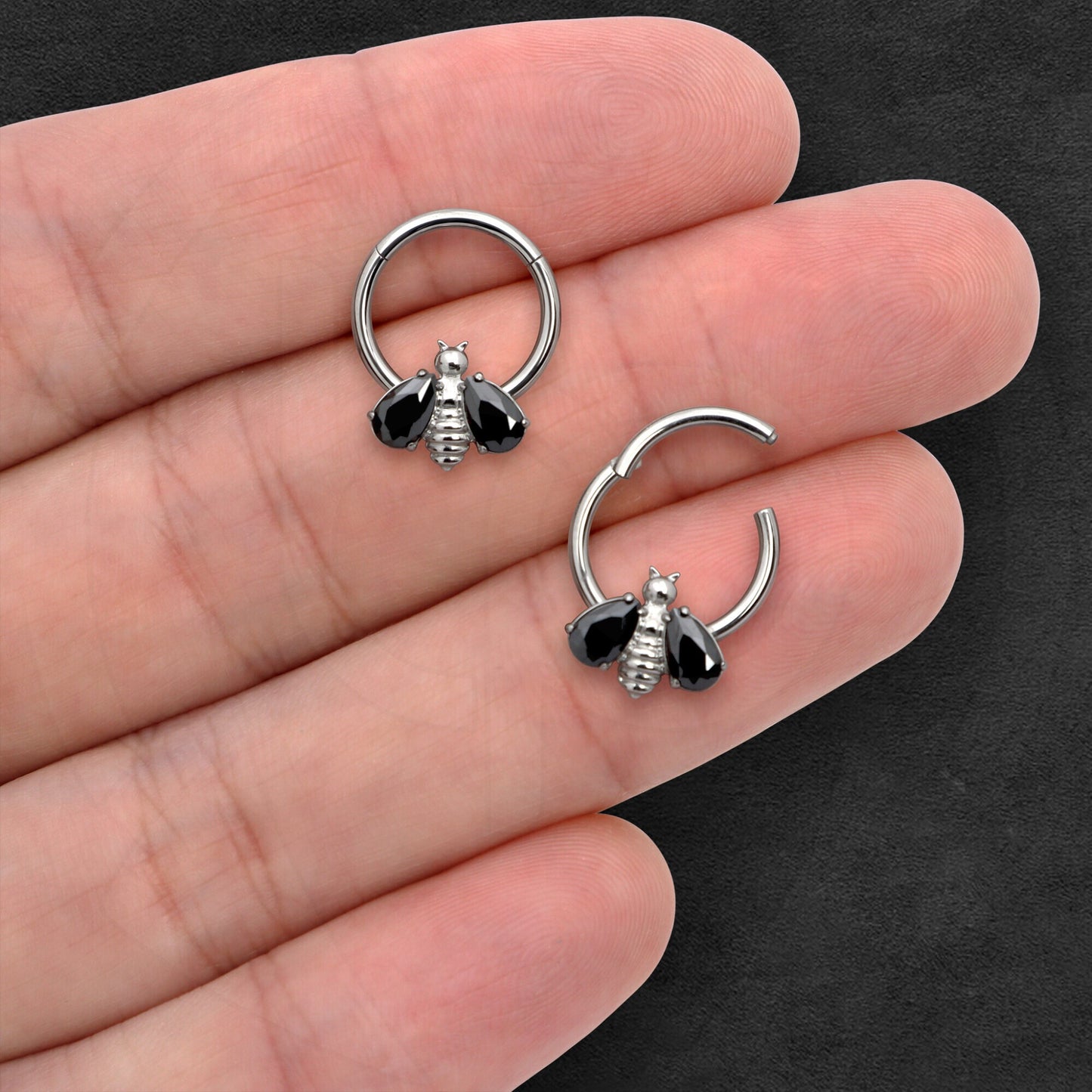 Titanium Clicker Ring with Bee Figure and Black Zirconia