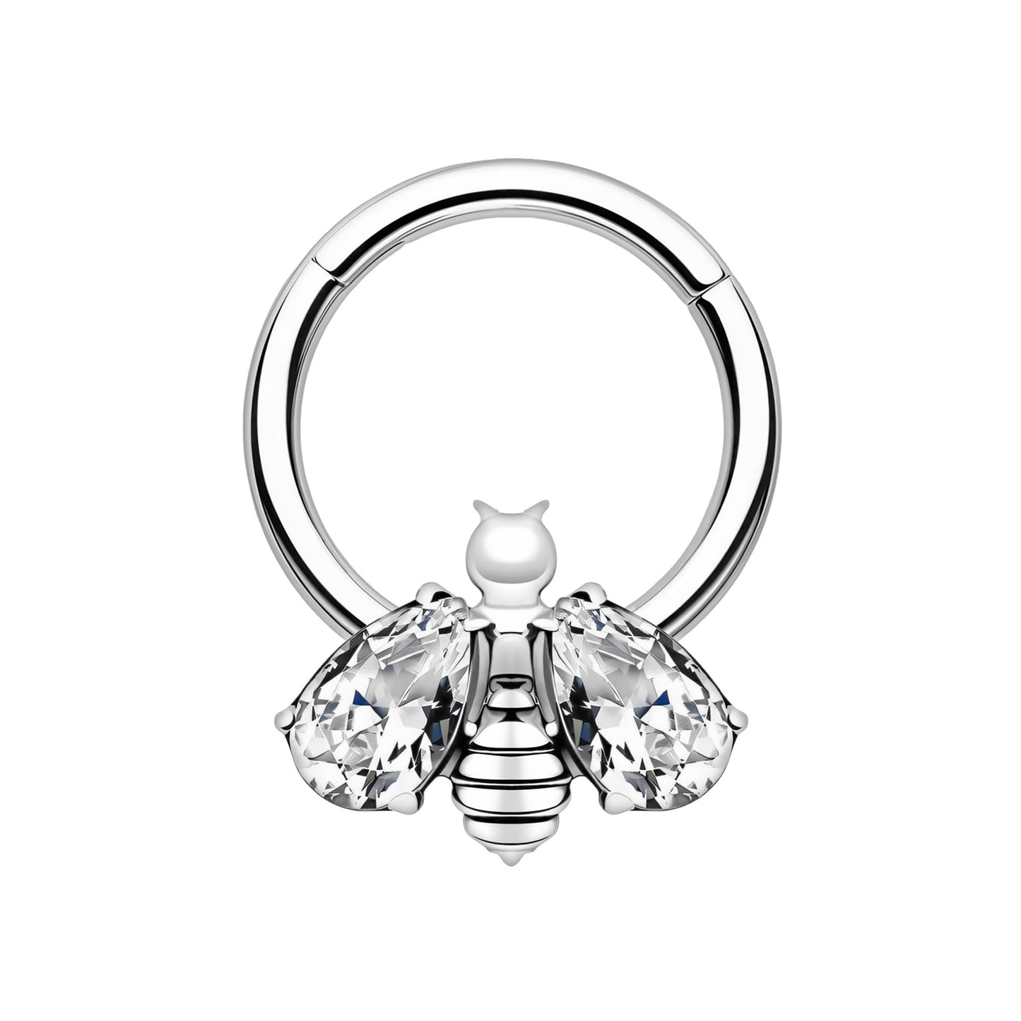 Titanium Clicker Ring with Bee Figure and Clear Zirconia