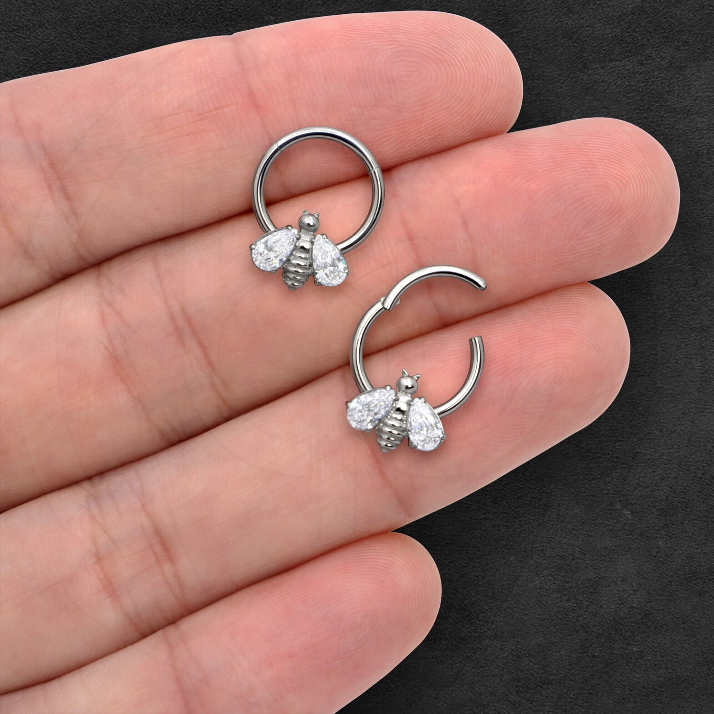 Titanium Clicker Ring with Bee Figure and Clear Zirconia