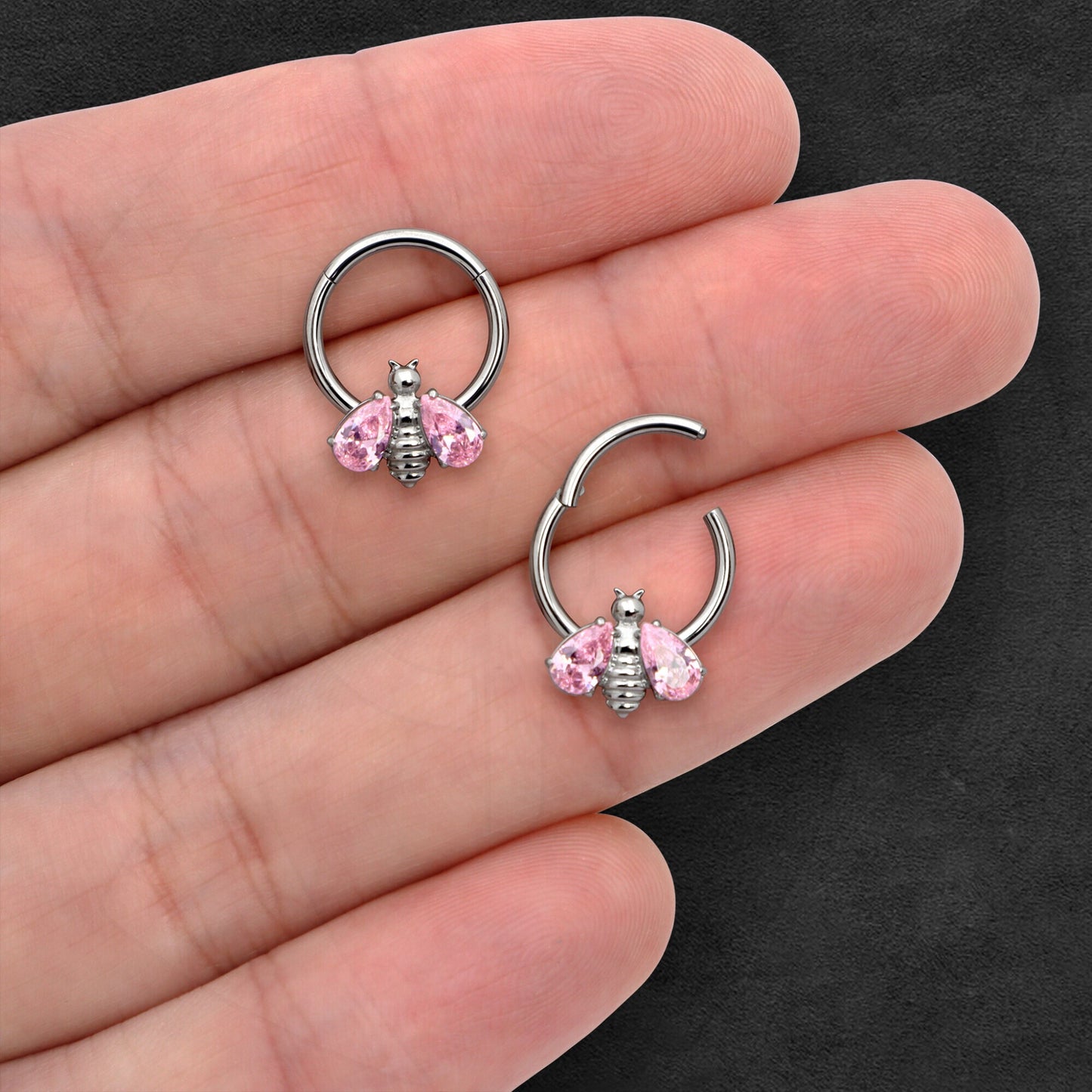 Titanium Clicker Ring with Bee Figure and Pink Zirconia