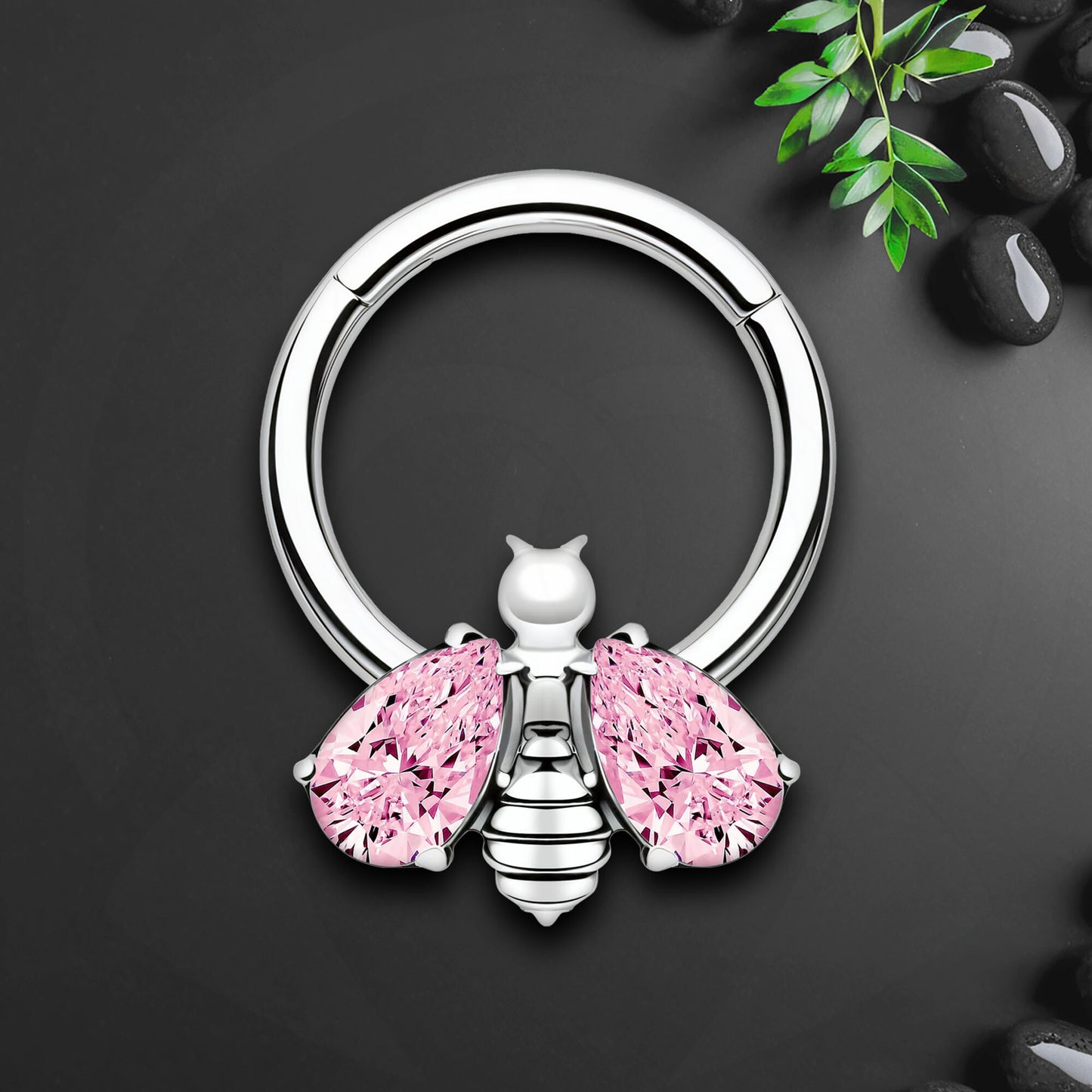 Titanium Clicker Ring with Bee Figure and Pink Zirconia