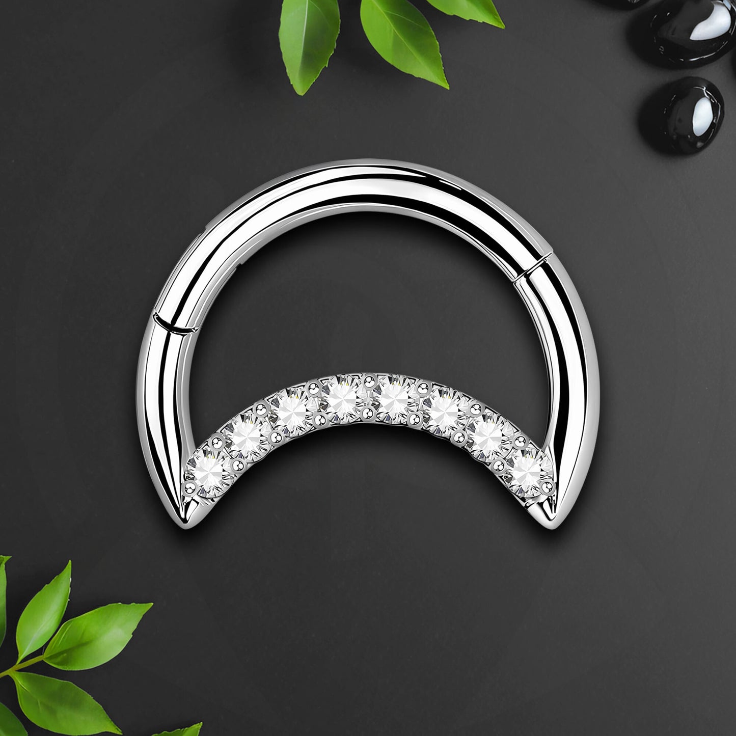 Titanium Clicker Ring in Crescent Shape with CZ