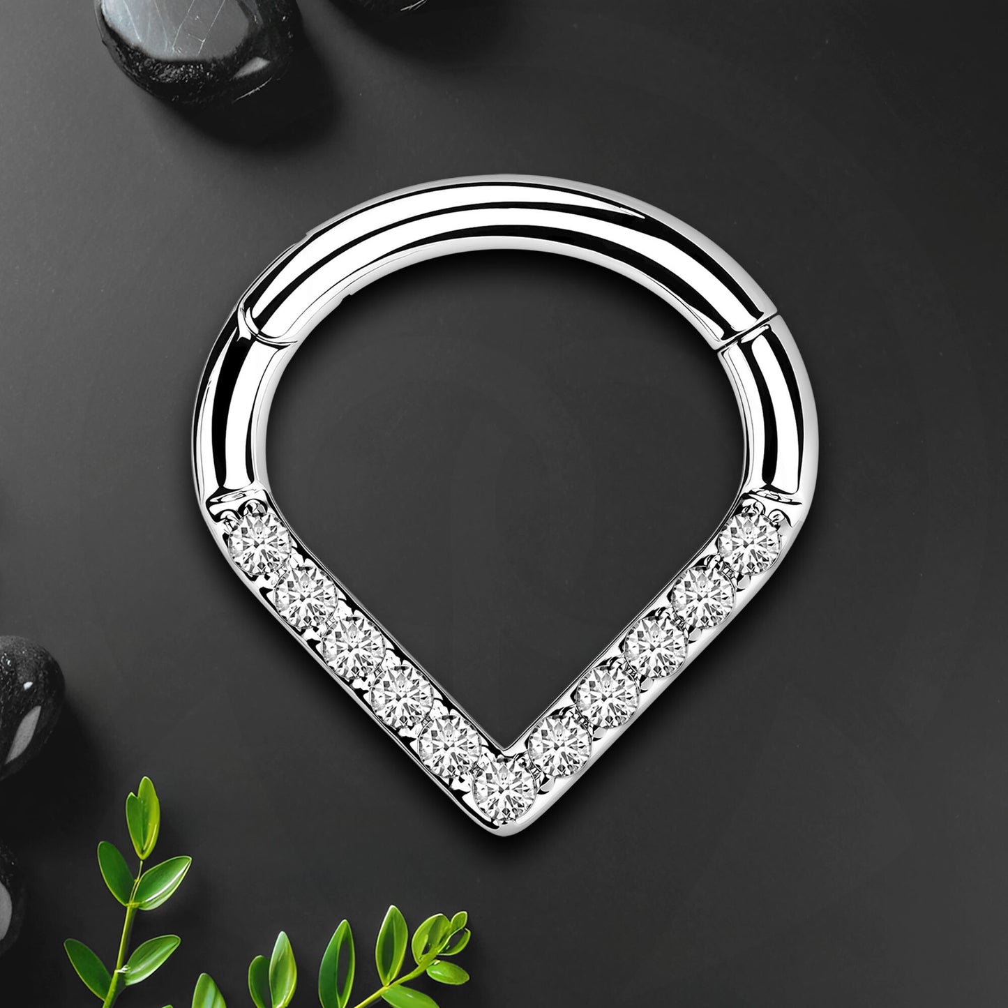 Titanium Clicker Ring in V Shape Style with CZ