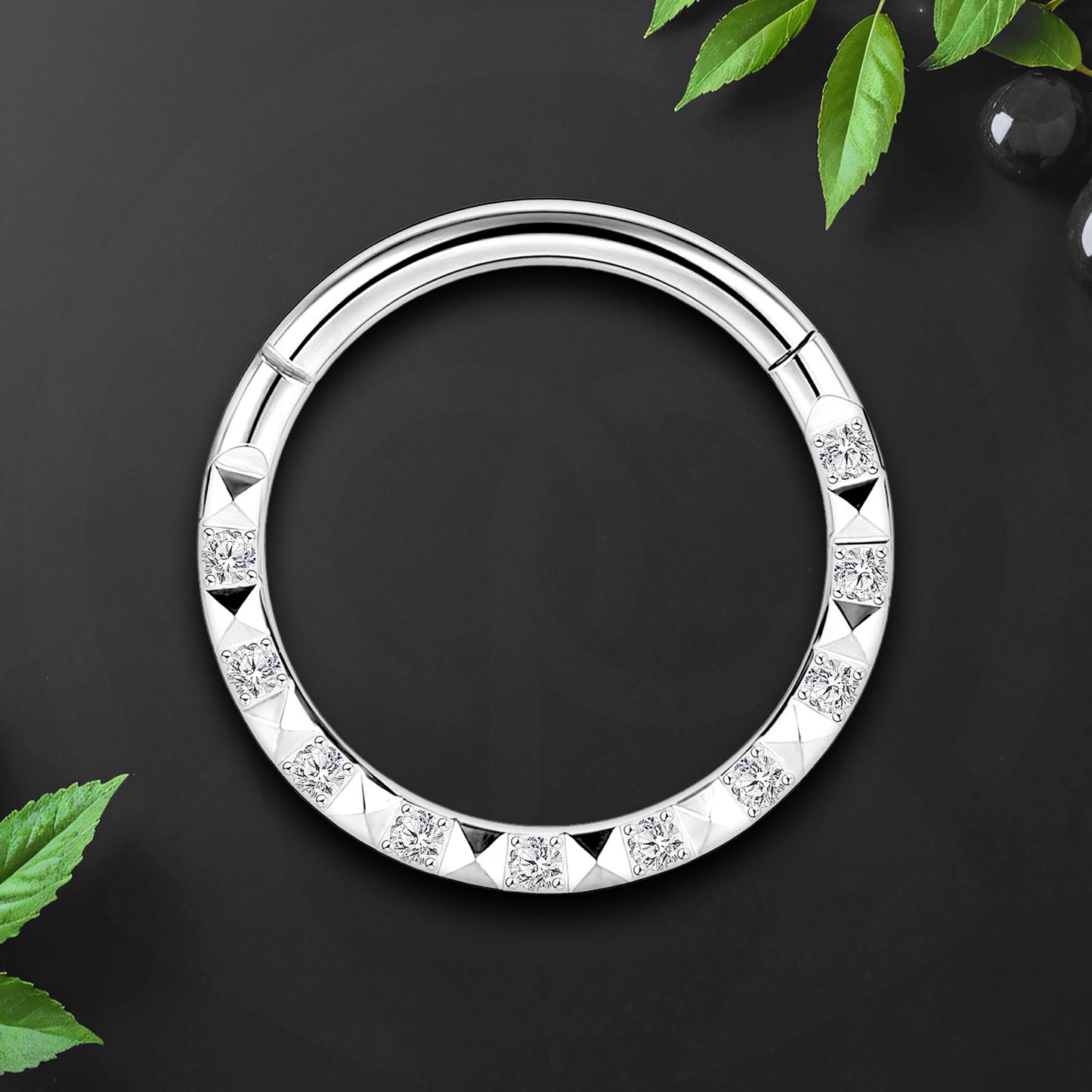 Titanium Clicker Ring with Pyramid Pattern and CZ