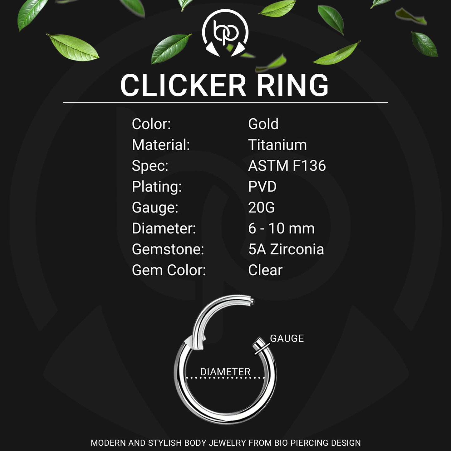 Titanium Clicker Ring with Thin Segment and Zirconia