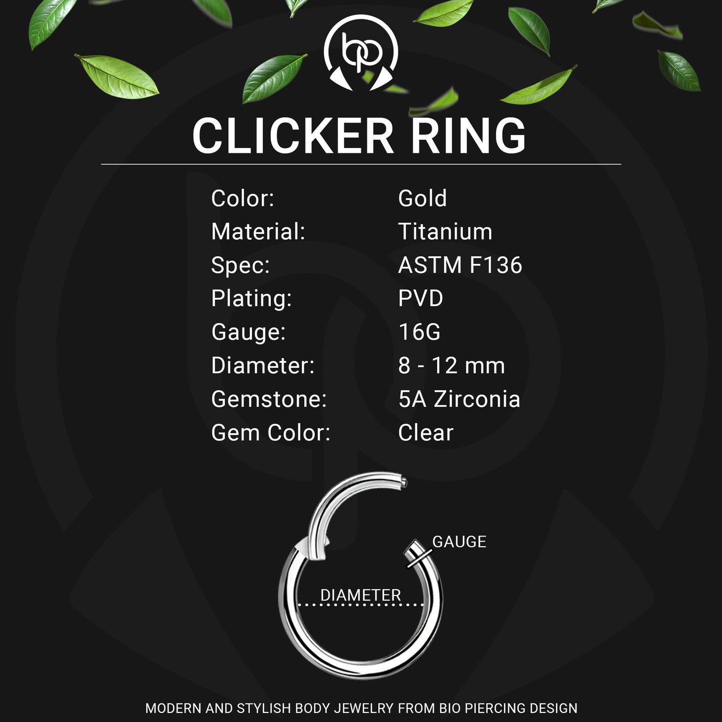 Titanium Clicker Ring in D Shape with Face Side CZ