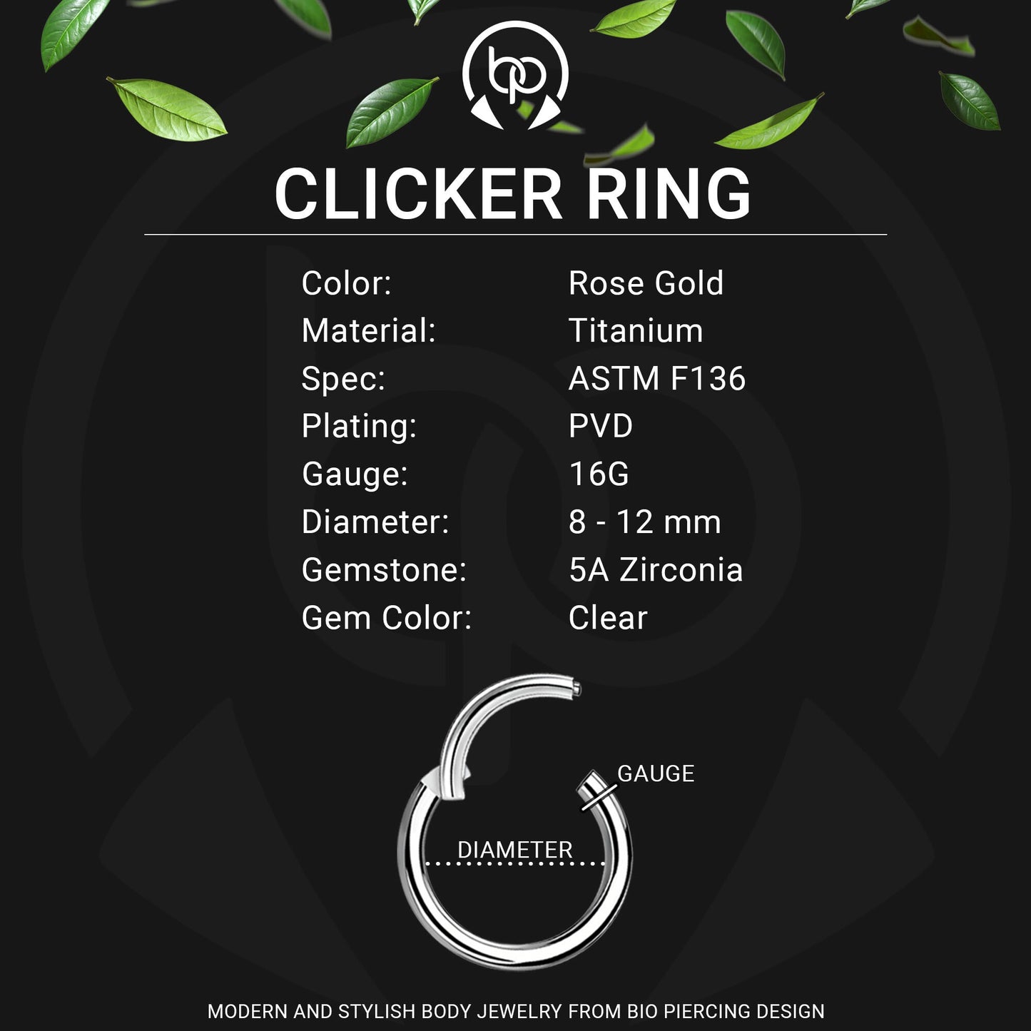 Titanium Clicker Ring in D Shape with Face Side CZ