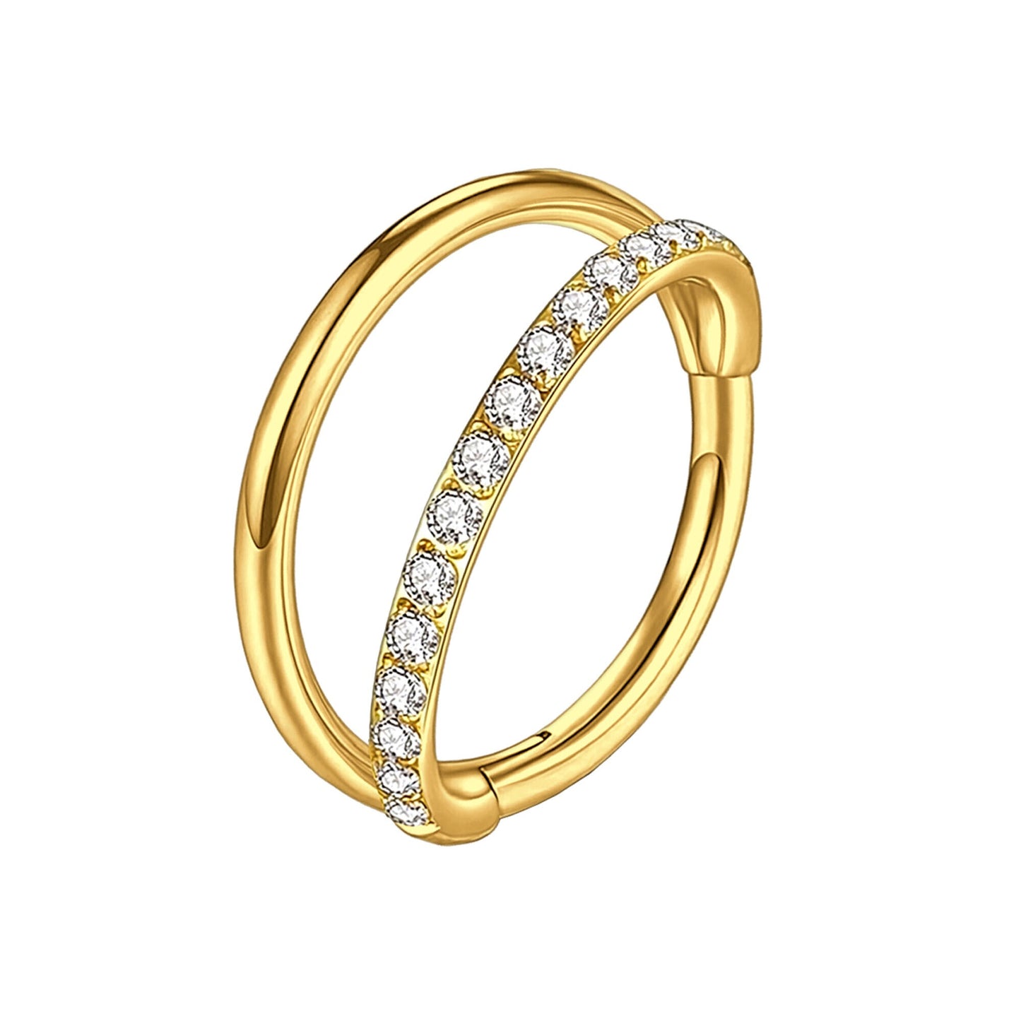 Titanium Clicker Ring with Double Hoops and One Hoop CZ